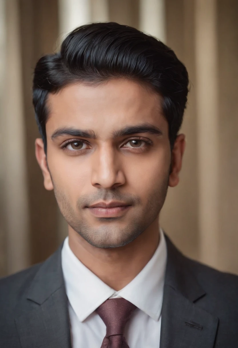 30 year old Indian man with short black hair in a business suit, shaved, portrait, looking directly at the camera, headshot, professional photo, corporate portrait, professional profile picture, headshot photograph