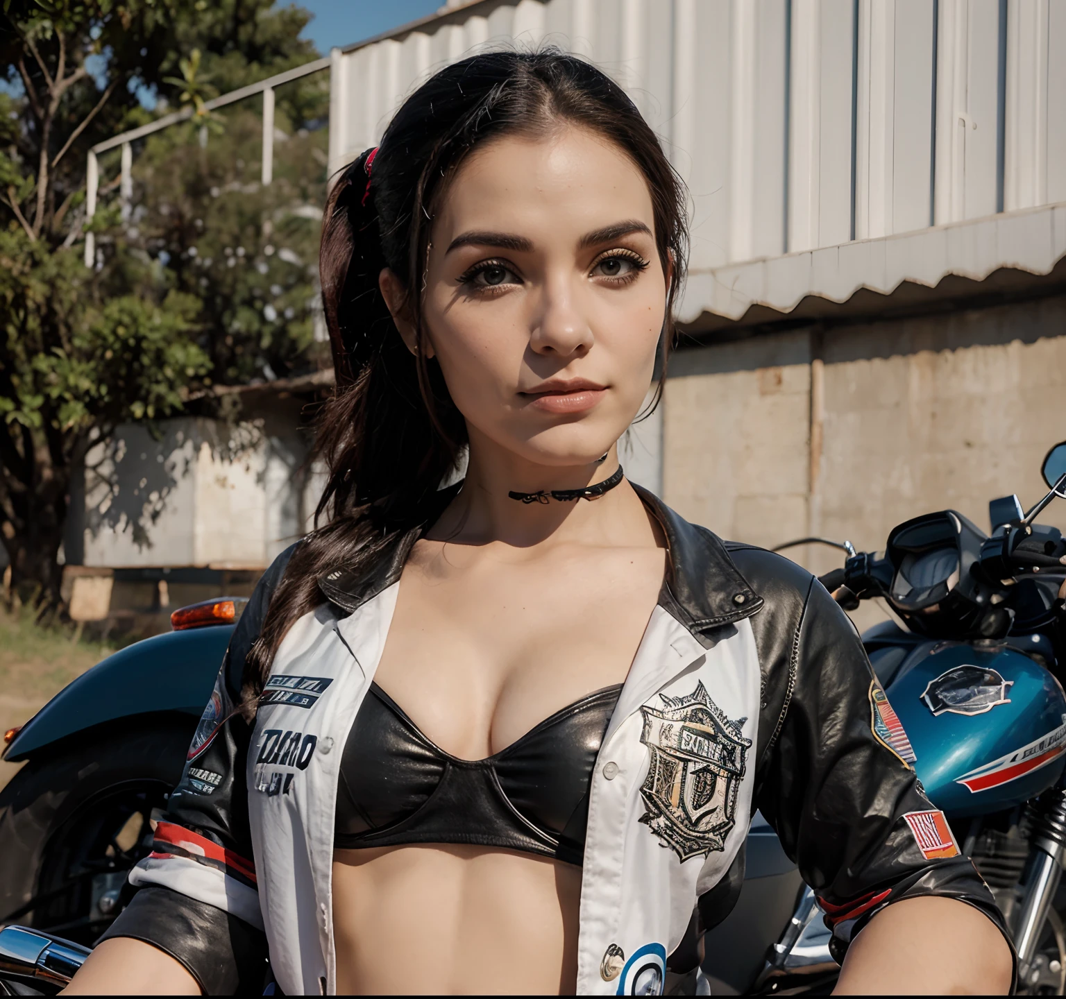 usar somente o rosto, com ela em cima de uma harley davidson, em uma estrada, com a bandeira antfacista no garupa.