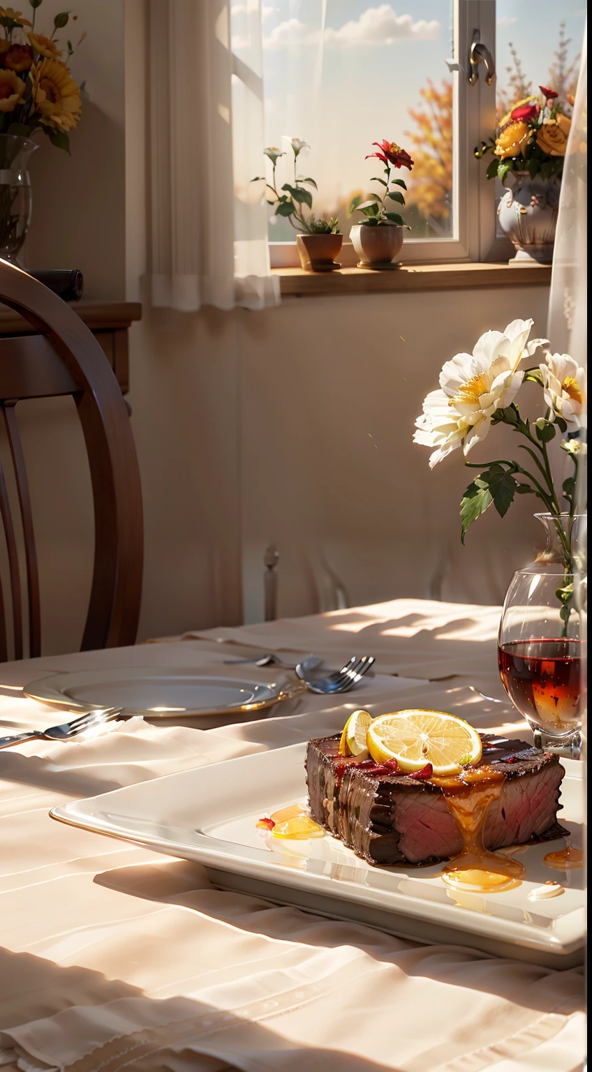 Close-up of beautiful dishes and wonderful dishes of succulent meat and haute cuisine on a beautiful tablecloth with a small vase of baroque style flowers with a large neoclassical window with rays of sun entering a sunny day