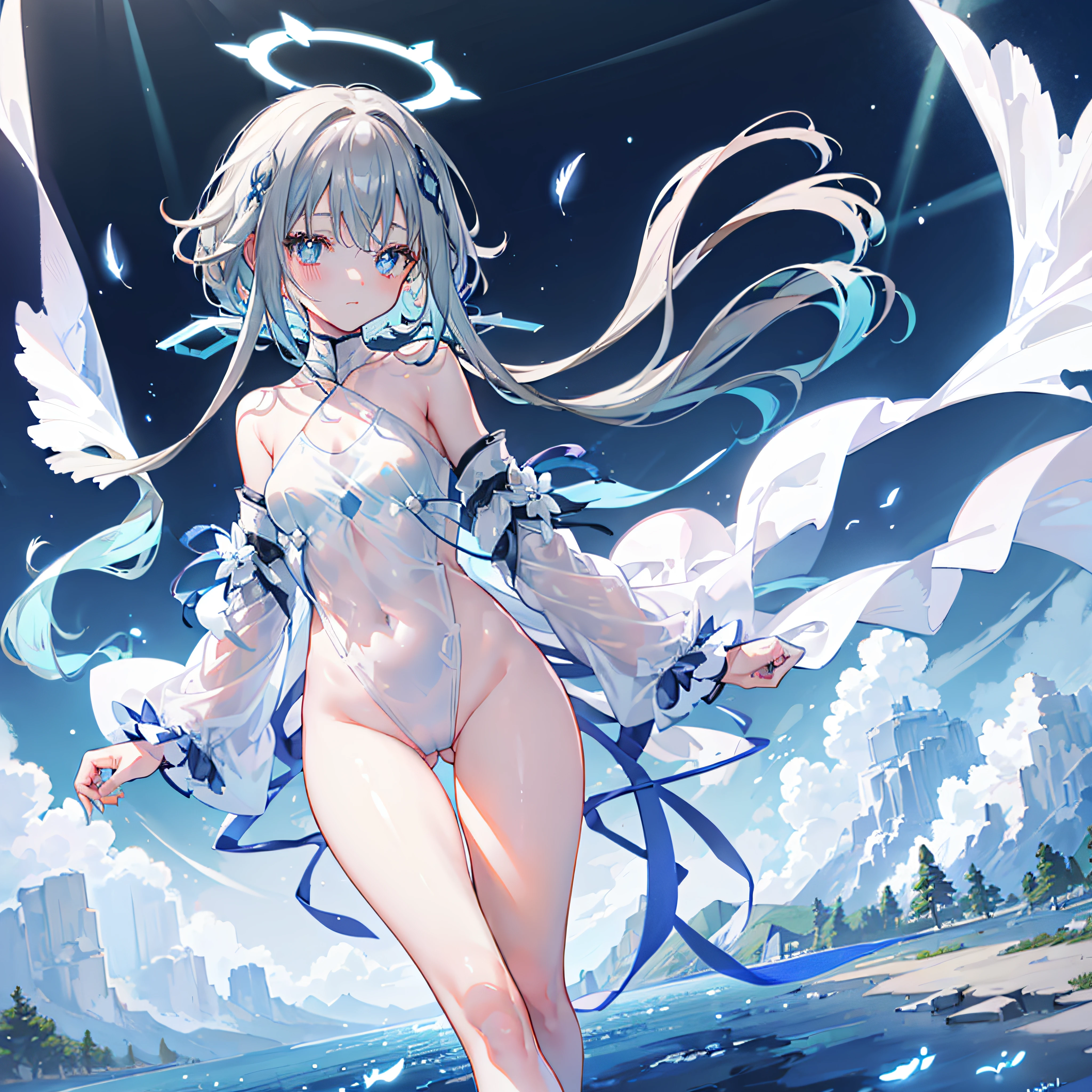 An anime girl, ((walking on water)), (mostly naked), barefoot, cinematic light, skin is perfectly white, soft, and smooth, ((no nsfw)), Extremely delicate and beautiful CG illustration, small thigh, slim body, best quality, high resolution, dynamic angle, full-length lens, (1 girl), (thin waist), soft light, high-key lighting), glowing light, feathers fluttering background, blue crystal, ((blue glowing halo around her ankle)), (((wearing nothing but a white (transparent) tank top))), ((detailed eyes))