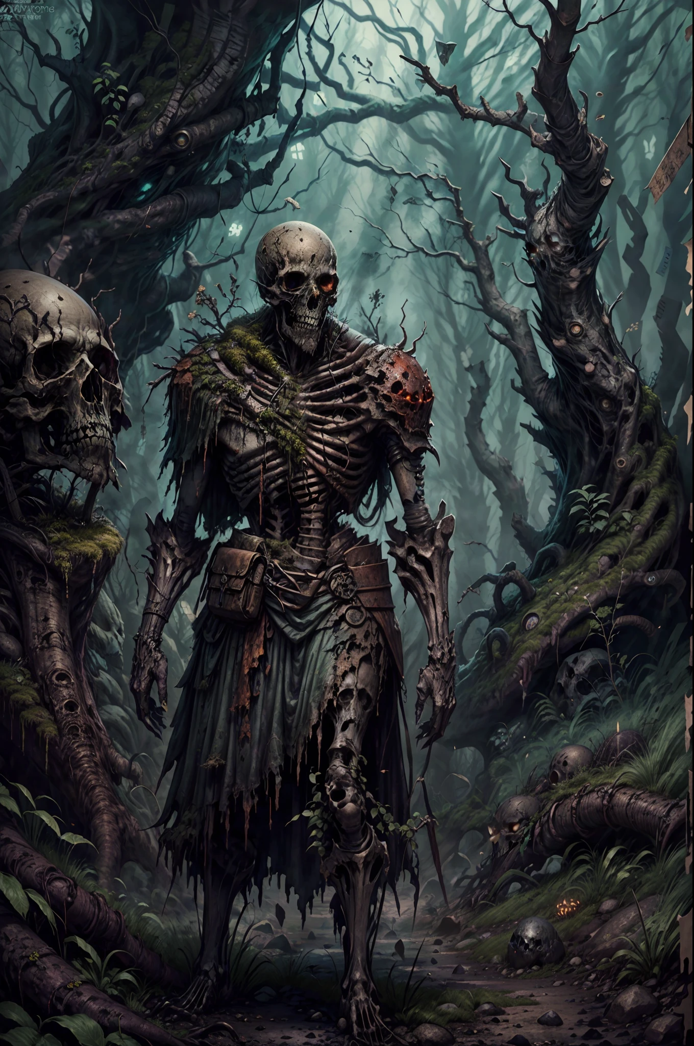 (a rusted skeleton soldier, dark souls forest, misty atmosphere, HP Lovecraft style), (best quality, 4k, high-res, masterpiece:1.2), ultra-detailed, realistic:1.37, HDR, studio lighting, intense suspense, eerie ambiance, ancient ruins, haunting shadows, decrepit vegetation, twisted trees, gnarled branches, ethereal mist, ominous silence, otherworldly fog, ancient relics, moss-covered gravestones, decayed armor, tattered banners, weathered weapons, worn-out shield, cracked skull, hollow eye sockets, skeletal hands, bone fragments, eerie glow, eldritch symbols, maddening whispers, fear-inducing presence, eldritch horror emerging from the shadows, spine-chilling experience.