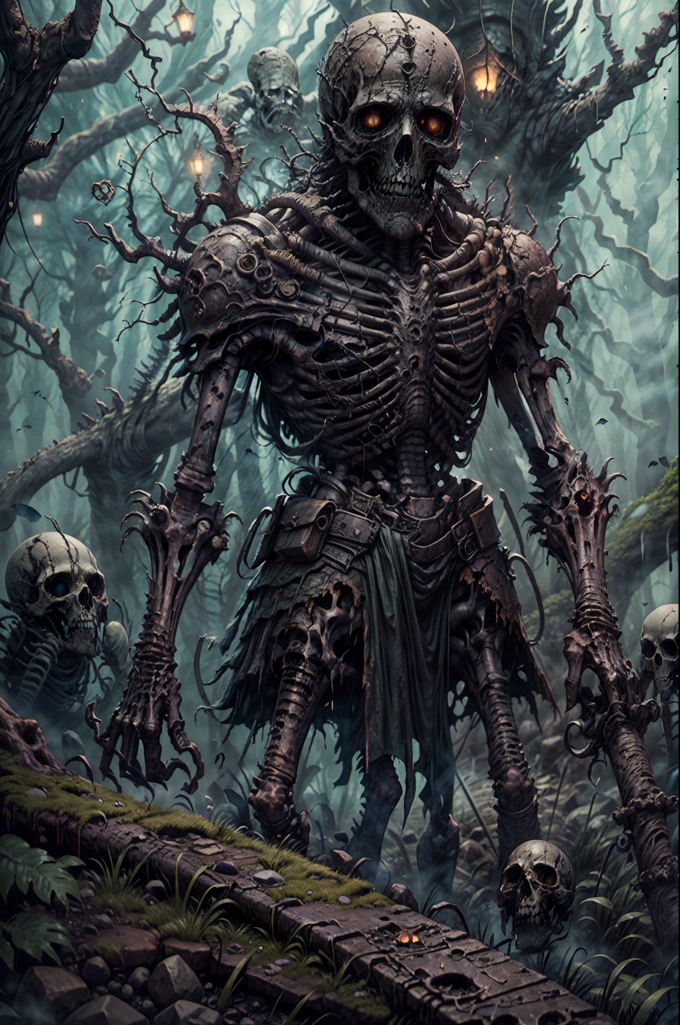 (a rusted skeleton soldier, dark souls forest, misty atmosphere, HP Lovecraft style), (best quality, 4k, high-res, masterpiece:1.2), ultra-detailed, realistic:1.37, HDR, studio lighting, intense suspense, eerie ambiance, ancient ruins, haunting shadows, decrepit vegetation, twisted trees, gnarled branches, ethereal mist, ominous silence, otherworldly fog, ancient relics, moss-covered gravestones, decayed armor, tattered banners, weathered weapons, worn-out shield, cracked skull, hollow eye sockets, skeletal hands, bone fragments, eerie glow, eldritch symbols, maddening whispers, fear-inducing presence, eldritch horror emerging from the shadows, spine-chilling experience.