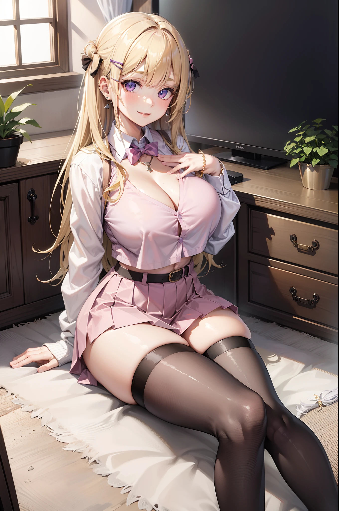 masterpiece, best quality, highres, hs1, light purple eyes, wide hips, thick thighs, long sleeve shirt, midriff, blonde hair, cleavage, long hair, half updo, blunt bangs, pink shirt, black thighhighs, micro skirt, legs apart, khaki skirt, hair clips, bow tie, cardigan, (huge breasts), indoors, cowboy shot, smile, looking at viewer, thick thighs, jirai kei, sitting, window, plant, necklaces, ear piercings, bracelets