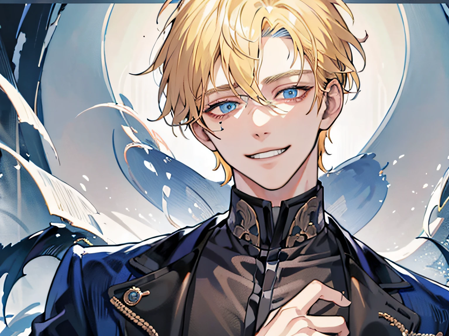 a handsome man,1 boy, Blonde hair, Blue eyes, 20 years old,,Shaded face、Scary smile、Psychopathic grin