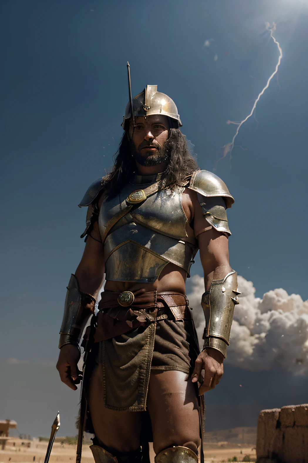 On the battlefield, an ancient Israelite soldier stands bravely in a combat pose. He wears shining bronze armor and carries a spear in one hand, while in the other he holds a shield adorned with ancient motifs. His features show determination and courage in the midst of conflict.

Behind him spread a vast army of fellow Israelites, all ready to fight. His spears and swords gleam in the sun as they advance with determination.

Above his head, the sky darkens and fills with lightning and sparks, as if the same protective deity were watching the battle from above, supporting the brave soldiers in his cause.