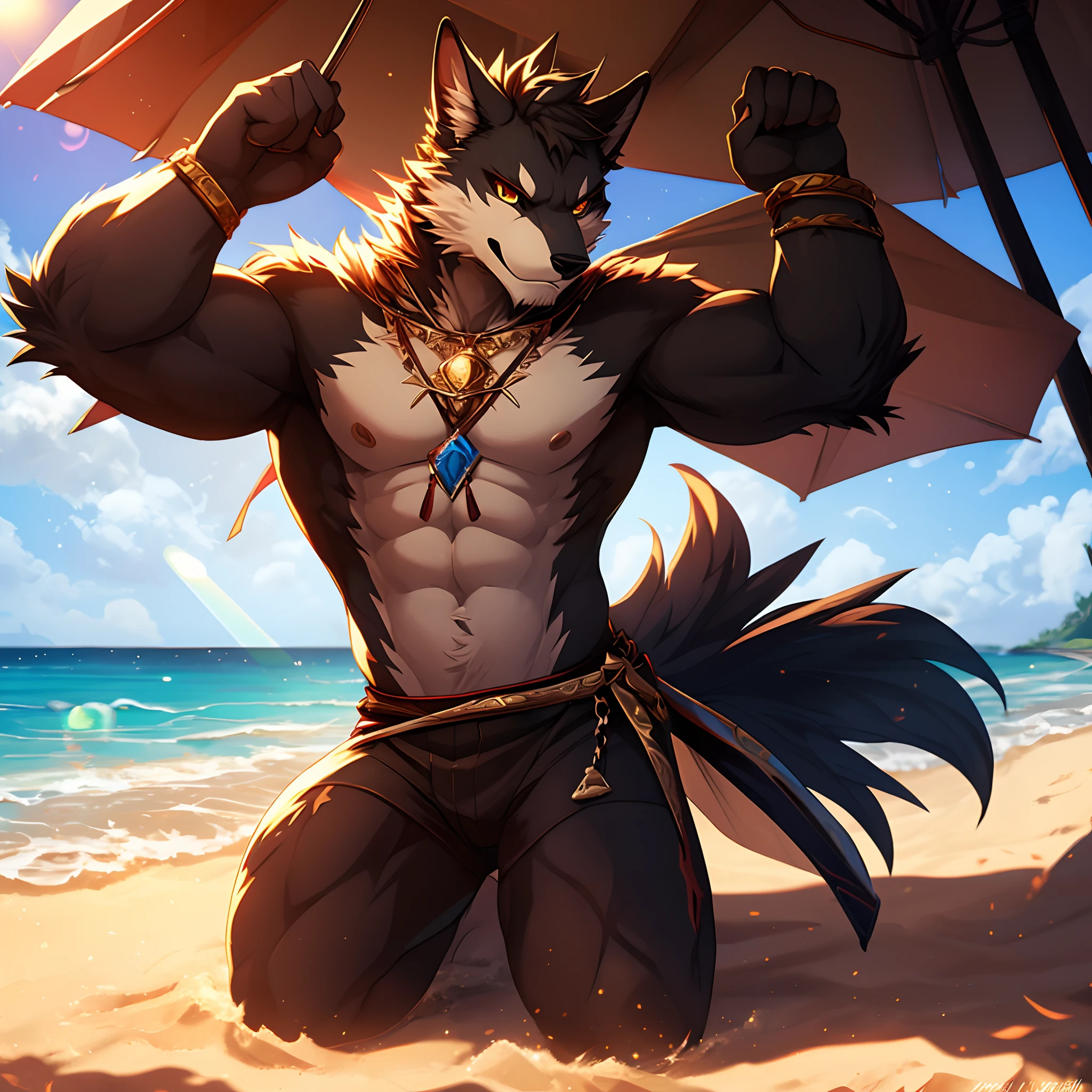 Anime wolf boy on the beach with red eyes Shirtless (The appearance of dripping water on the body) Furry fluffy, Furry wolf, Anthropomorphic wolf boy, Commission for high resolution, anthro art, very very beautiful furry art, Full body commission, anthropomorphic wolf, body covered with fur, Anthropomorphic Wolf NSFW (1bigpenis)
