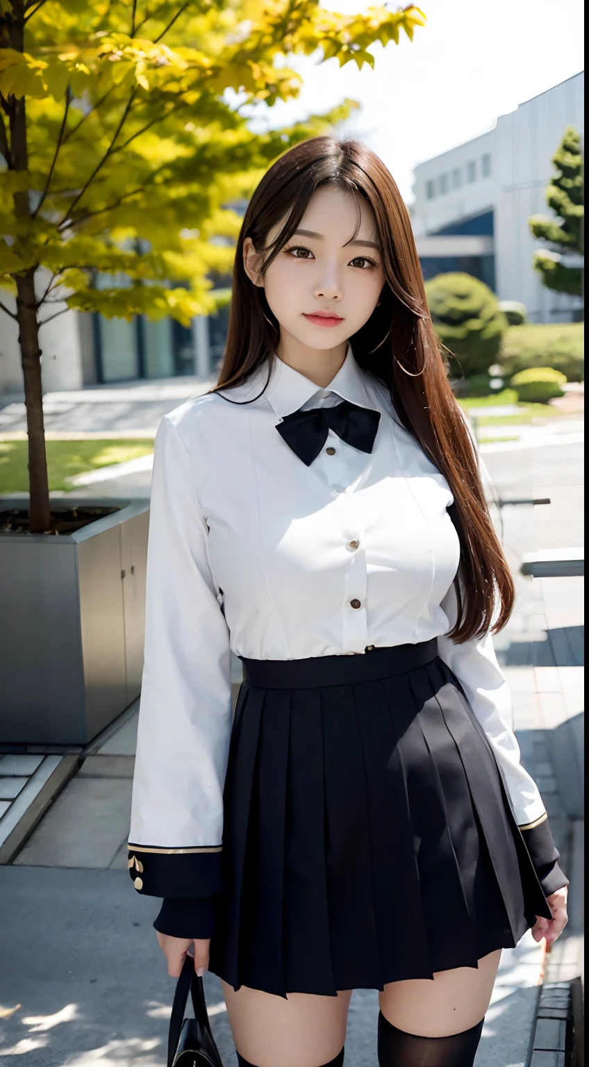 mix4, (16 K, Raw photography, Top image quality, masterpiece: 1.45), (realisitic, Photorealsitic: 1.37), one girls, Random hairstyle、Standing figure,Glossy bean peel、Night Time Zone、Whitening and shiny skin、a very cute,a park,tree, profetional lighting, photon maping、physically-based renderingt, Gradient dark brown hair,, a handsome, Well-groomed and beautiful eyes、Large double eyelids、Very shiny、girl with, (((校服、Winter clothes、Uniforms worn by Japan female students、White shirt、White jacket with buttons that don't stop、Black mini skirt、high socks、lowfers))), Top Quality Photos, hight resolution, 1080p, (clearface), (Detailed face description), (Detailed hand description), (masterpiece), (Exquisite CG)、extreme light and shadows、dishevled hair、master work、abundant detail、(Fine facial features)、(top quality photo)、(masuter piece)、(A detailed eye)、Looking at the camera、Fine clavicle、((Slender big))、(((Japan schoolgirl in uniform)))、((Ready Idol System))、((a park))、(((neat and cute)))、耳Nipple Ring、A big smile、Drawing the whole body from the knees、Do not draw nasolabial folds、(((Cute uniform)))、(Big breasts that hang down big:1.4)、Big buttocks with tension、Two arms and two legs、(((from the front side:-0.6)))、bare hand、No mask、Ginkgo in autumn leaves