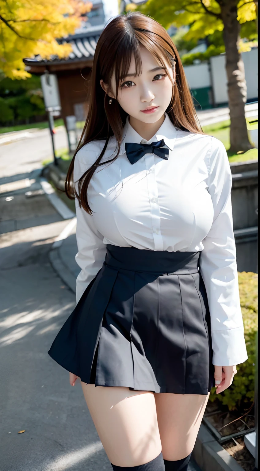 mix4, (16 K, Raw photography, Top image quality, masterpiece: 1.45), (realisitic, Photorealsitic: 1.37), one girls, Random hairstyle、Standing figure,Glossy bean peel、Night Time Zone、Whitening and shiny skin、a very cute,a park,tree, profetional lighting, photon maping、physically-based renderingt, Gradient dark brown hair,, a handsome, Well-groomed and beautiful eyes、Large double eyelids、Very shiny、girl with, (((校服、Winter clothes、Uniforms worn by Japan female students、White shirt、White jacket with buttons that don't stop、Black mini skirt、high socks、lowfers))), Top Quality Photos, hight resolution, 1080p, (clearface), (Detailed face description), (Detailed hand description), (masterpiece), (Exquisite CG)、extreme light and shadows、dishevled hair、master work、abundant detail、(Fine facial features)、(top quality photo)、(masuter piece)、(A detailed eye)、Looking at the camera、Fine clavicle、((Slender big))、(((Japan schoolgirl in uniform)))、((Ready Idol System))、((a park))、(((neat and cute)))、耳Nipple Ring、A big smile、Drawing the whole body from the knees、Do not draw nasolabial folds、(((Cute uniform)))、(Big breasts that hang down big:1.4)、Big buttocks with tension、Two arms and two legs、(((from the front side:-0.6)))、bare hand、No mask、Ginkgo in autumn leaves