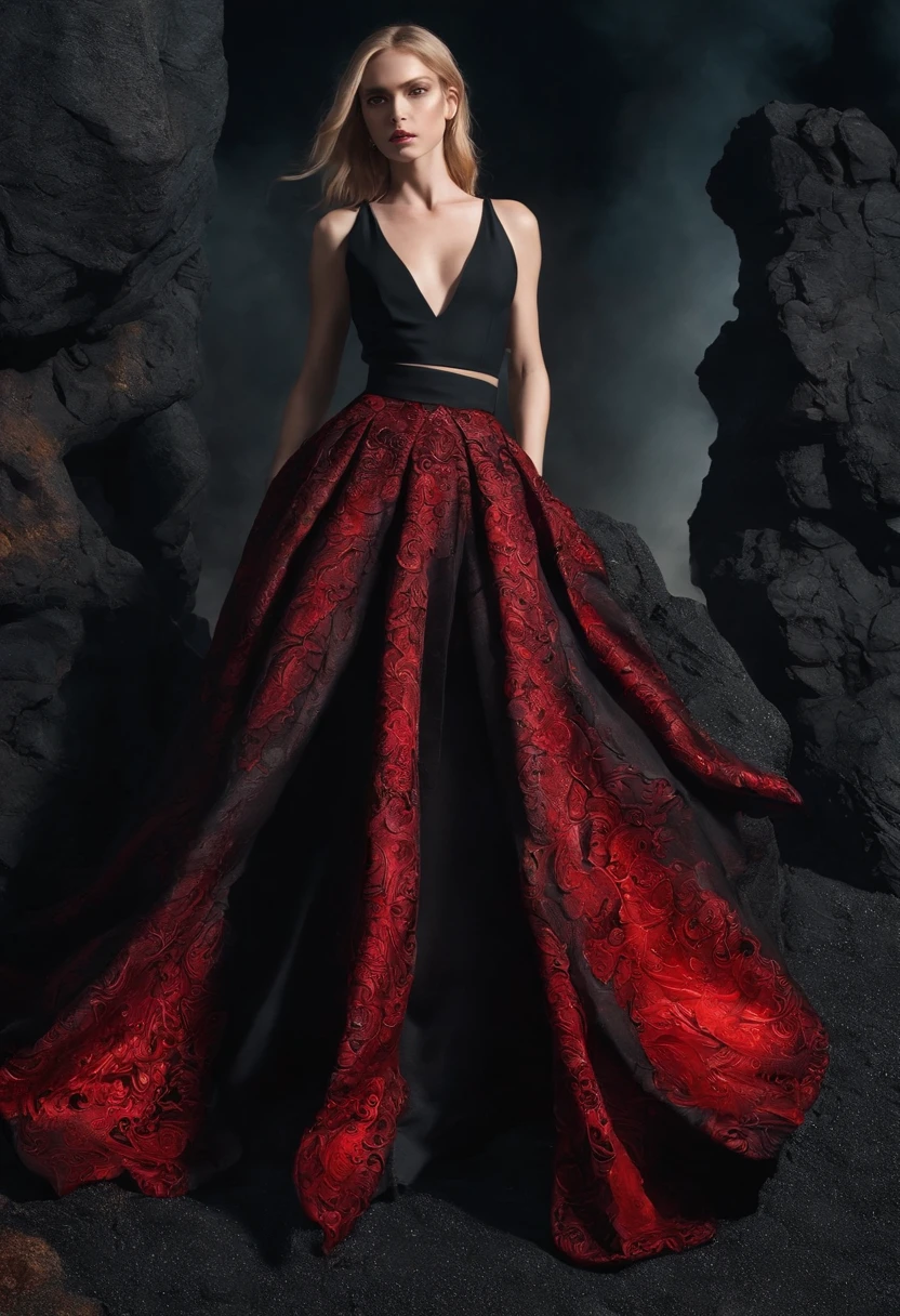 Arad woman in black and red dress,Stand in front of black volcanic stones, (Super exaggerated skirt:1.37),opulent,Luxury,(The skirt blends perfectly with the firelight:1.3), (The hem of the skirt blends perfectly with the firelight),Inspired by Anne Leibovitz, Red and black color, (with fires and black smoke), body with black and red lava, author:annie lebovetz, alexander mcqueen haute couture