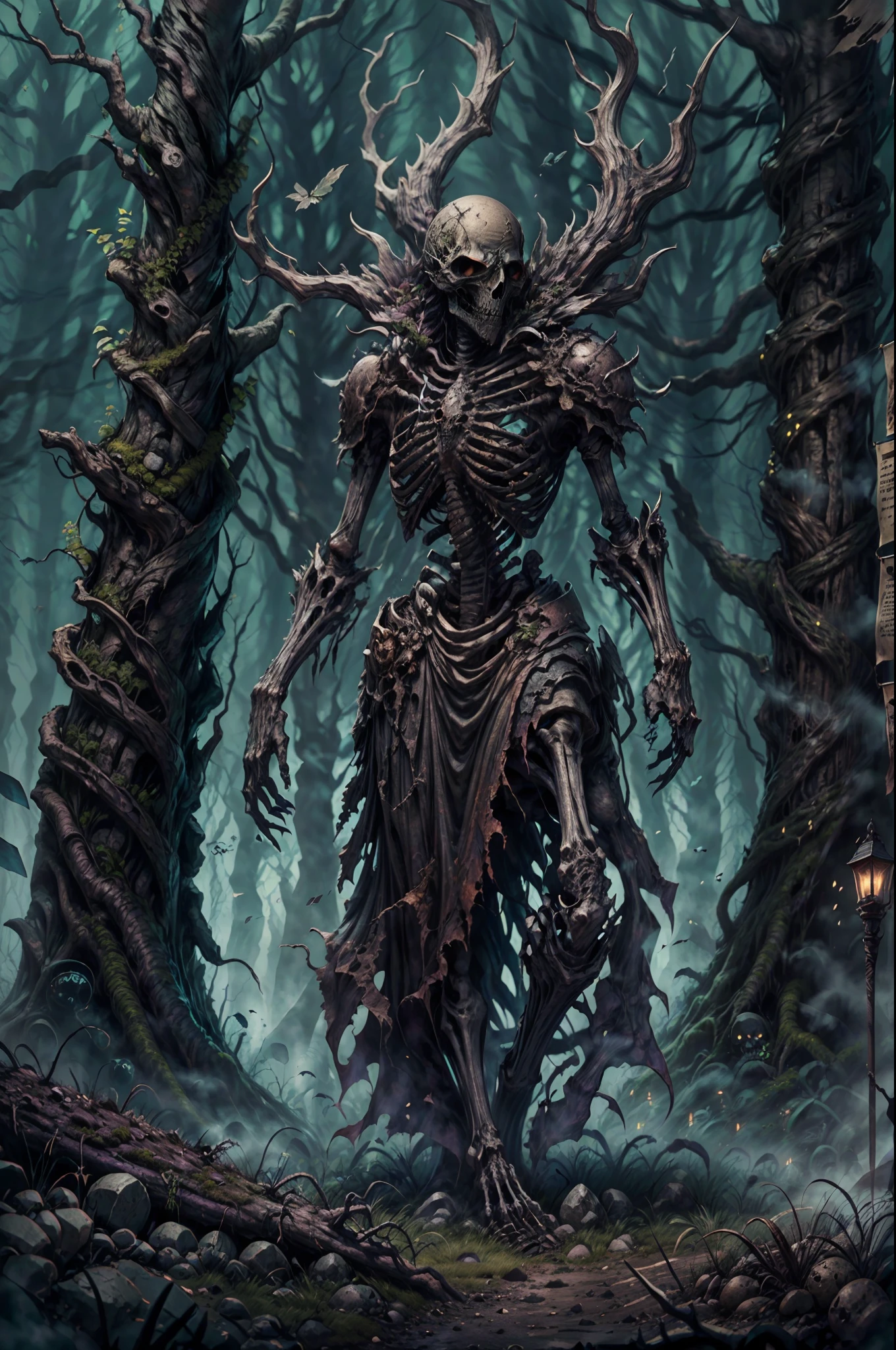 (a rusted skeleton soldier, dark souls forest, misty atmosphere, HP Lovecraft style), (best quality, 4k, high-res, masterpiece:1.2), ultra-detailed, realistic:1.37, HDR, studio lighting, intense suspense, eerie ambiance, ancient ruins, haunting shadows, decrepit vegetation, twisted trees, gnarled branches, ethereal mist, ominous silence, otherworldly fog, ancient relics, moss-covered gravestones, decayed armor, tattered banners, weathered weapons, worn-out shield, cracked skull, hollow eye sockets, skeletal hands, bone fragments, eerie glow, eldritch symbols, maddening whispers, fear-inducing presence, eldritch horror emerging from the shadows, spine-chilling experience.