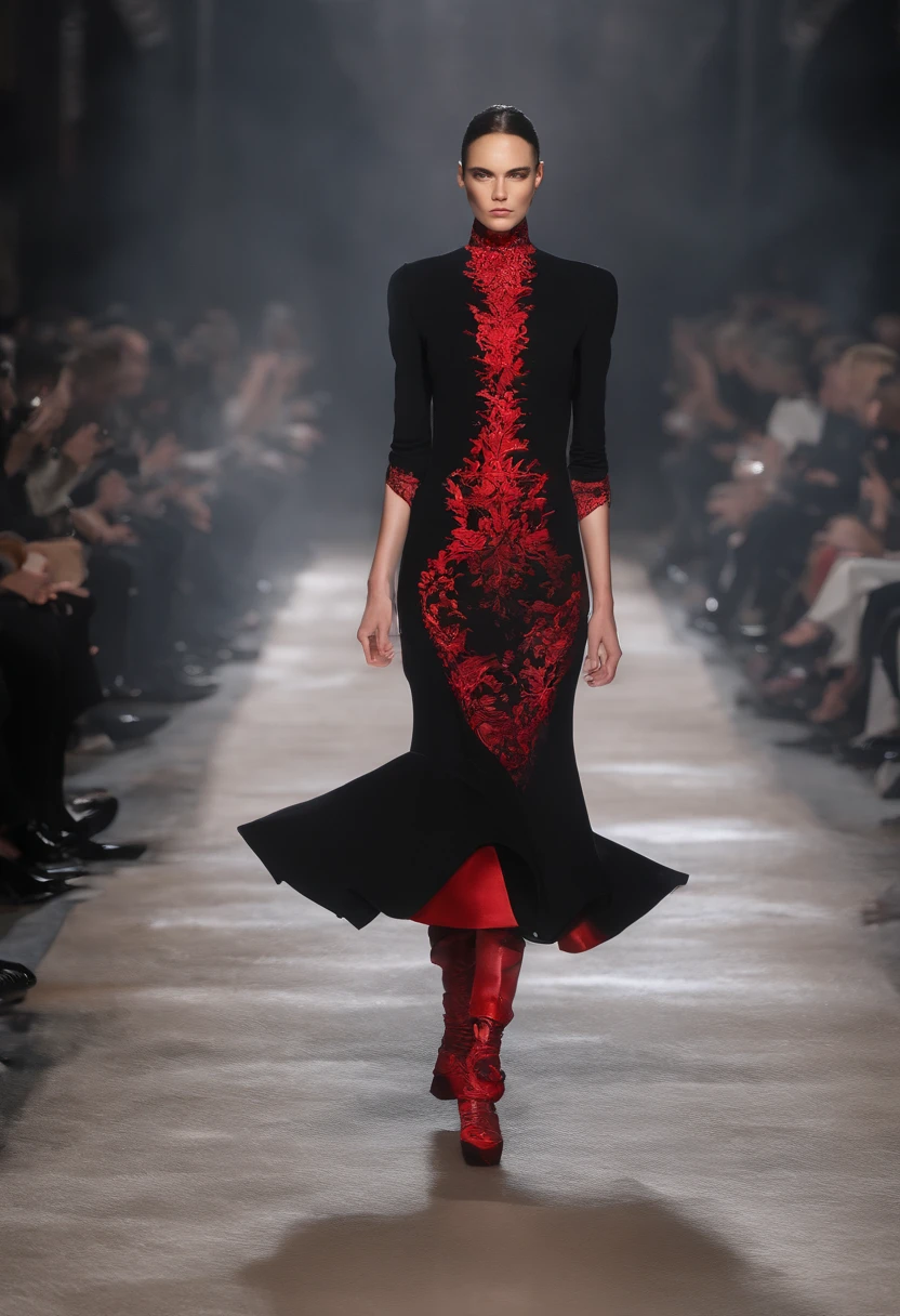 Arad woman in black and red dress，Stand in front of black volcanic stones, （The skirt blends perfectly with the firelight：1.3）, （The hem of the skirt blends perfectly with the firelight），Inspired by Anne Leibovitz, Red and black color, （with fires and black smoke）, body with black and red lava, author：annie lebovetz, alexander mcqueen haute couture