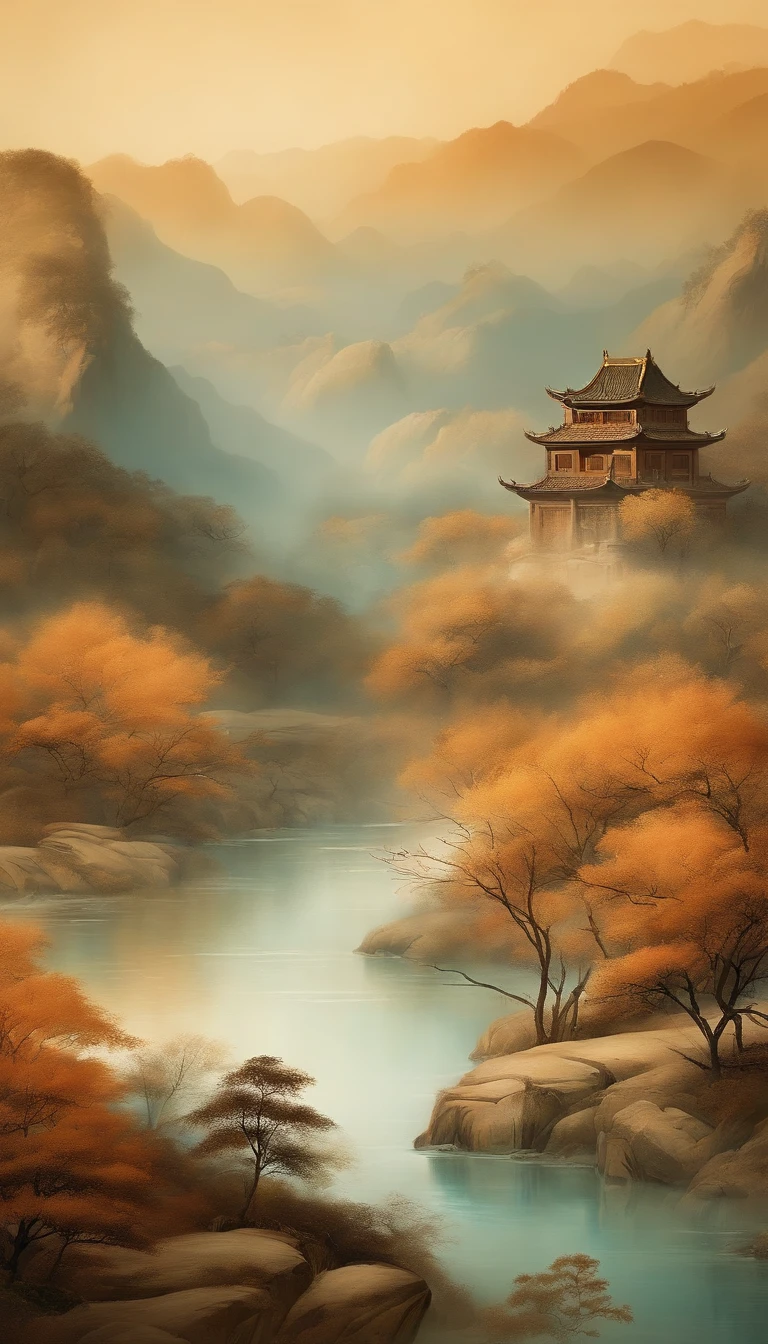 Chinese murals with rural scenery, Light orange and light cyan style, Layered landscape, Art in the style of ancient Chinese ink painting, monumental murals, Ricoh FF-9D, Golden Age aesthetics, Exotic landscape