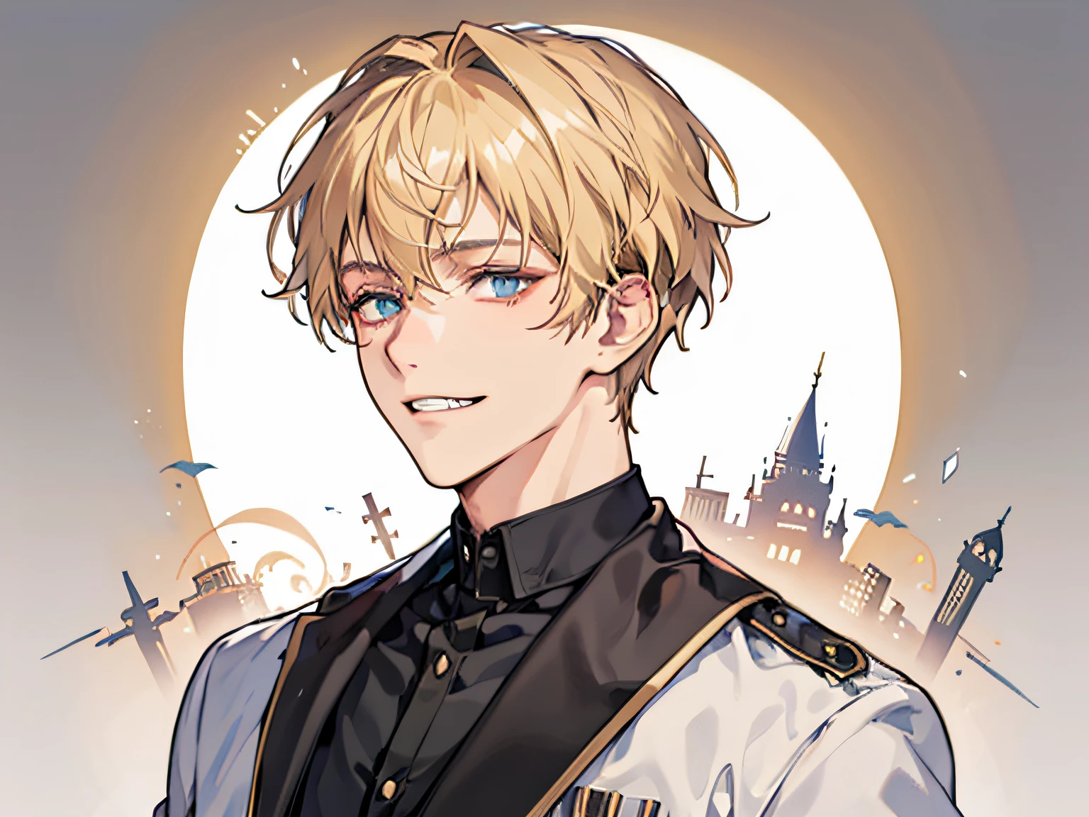 a handsome man,1 boy, Blonde hair, Blue eyes, 20 years old,,Shaded face,Psychopathic grin