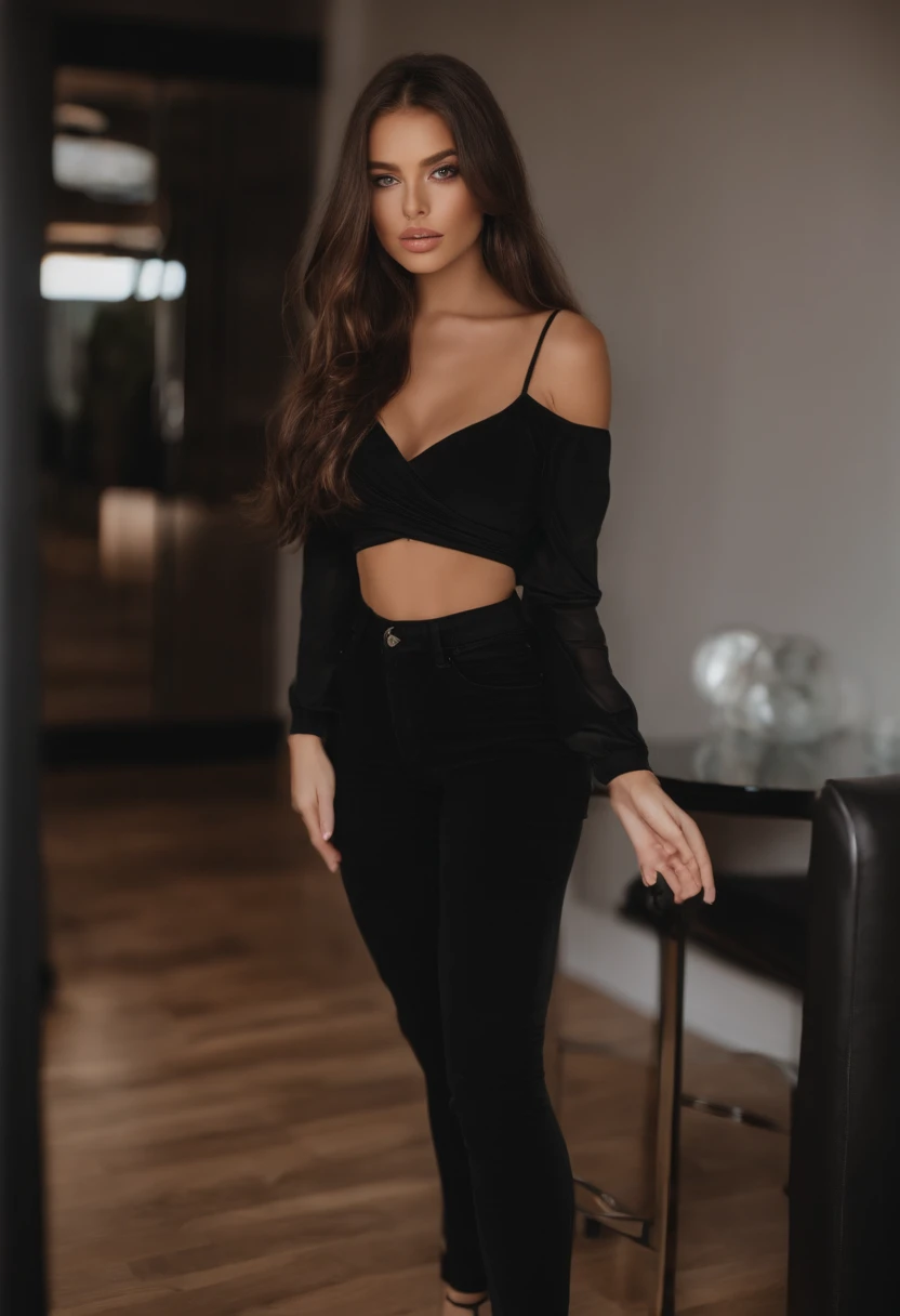 Arafed woman with black clothes, fille sexy aux yeux bruns, Portrait Sophie Mudd, cheveux bruns et grands yeux, selfie of a young woman, Yeux de chambre, Violet Myers, sans maquillage, maquillage naturel, looking straight at camera, Visage avec Artgram, Maquillage subtil, Superbe photo du corps entier, in a disco standing with a drink