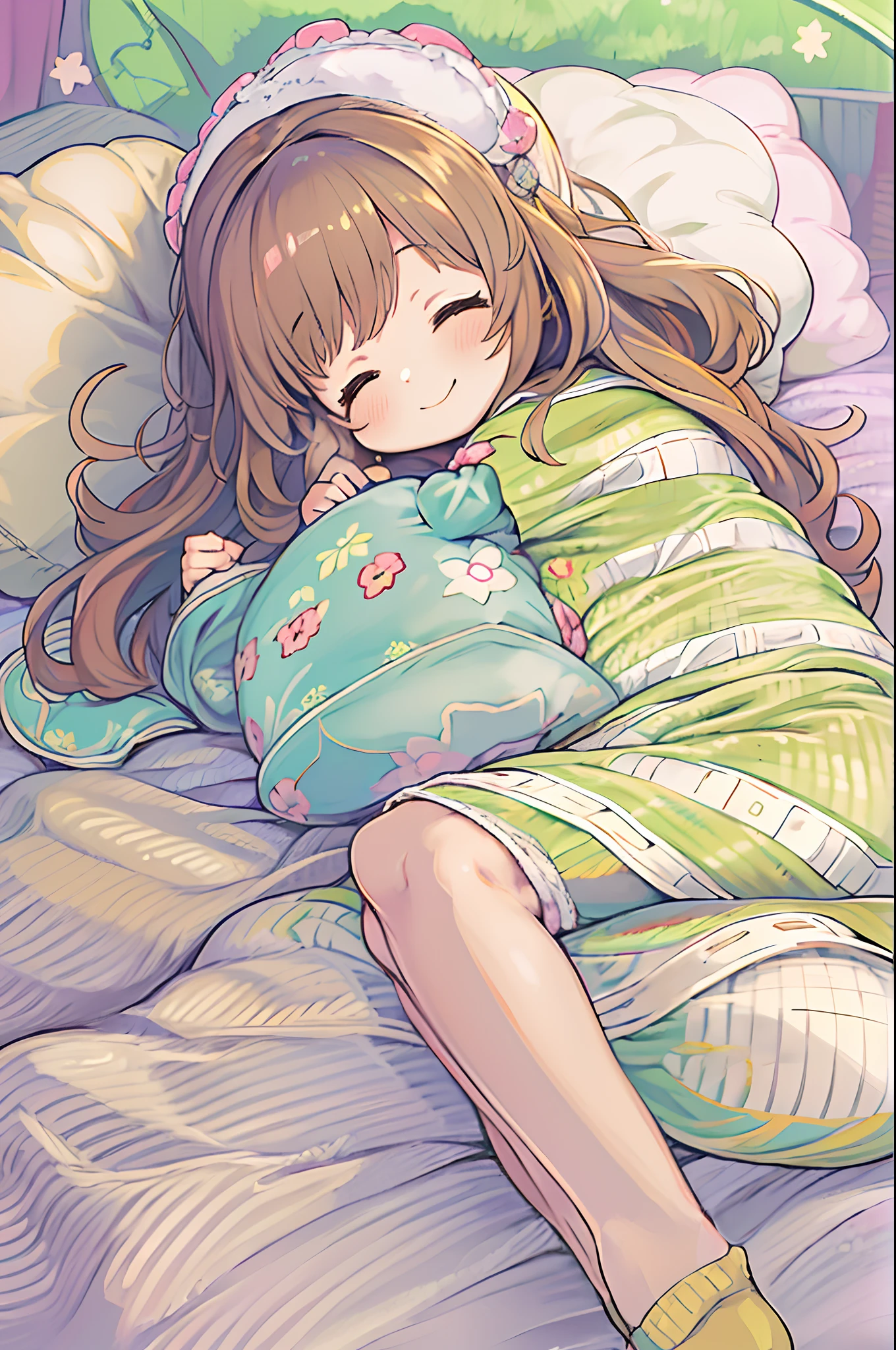 Anime girl sleeping in bed with pillow and mobile phone, cute kawaii girl, Cute anime girl, Cute Anime, resting on a pillow, (Anime Girl), anime lover, Anime visuals of cute girls, pixiv, little shy smile, anime moe art style, sleepy expression, Happy cozy feeling, small curvy loli, soft anime illustration
