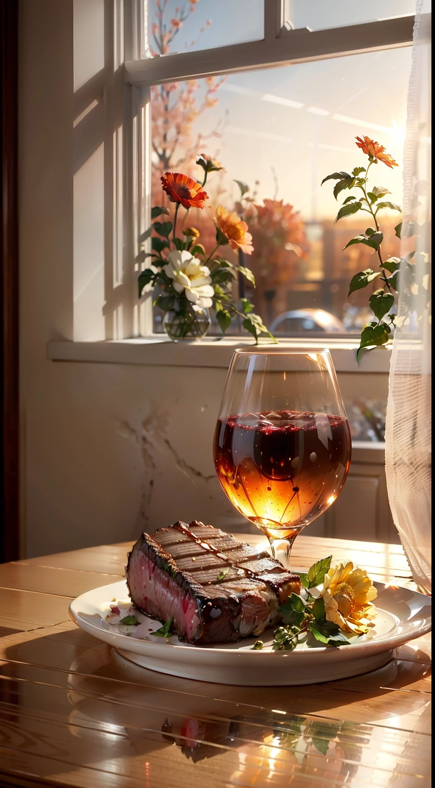 Extreme close-up，Clear，tmasterpiece，Table at the bar，Delicious steak on the table，red wine，wineglass，fruit platter，Beautiful classical vase with flowers，Bright natural light，Outside the window it is autumn，Translucent curtains，In the bar，C4D，Empty product display scene，Positive perspective，first person perspective