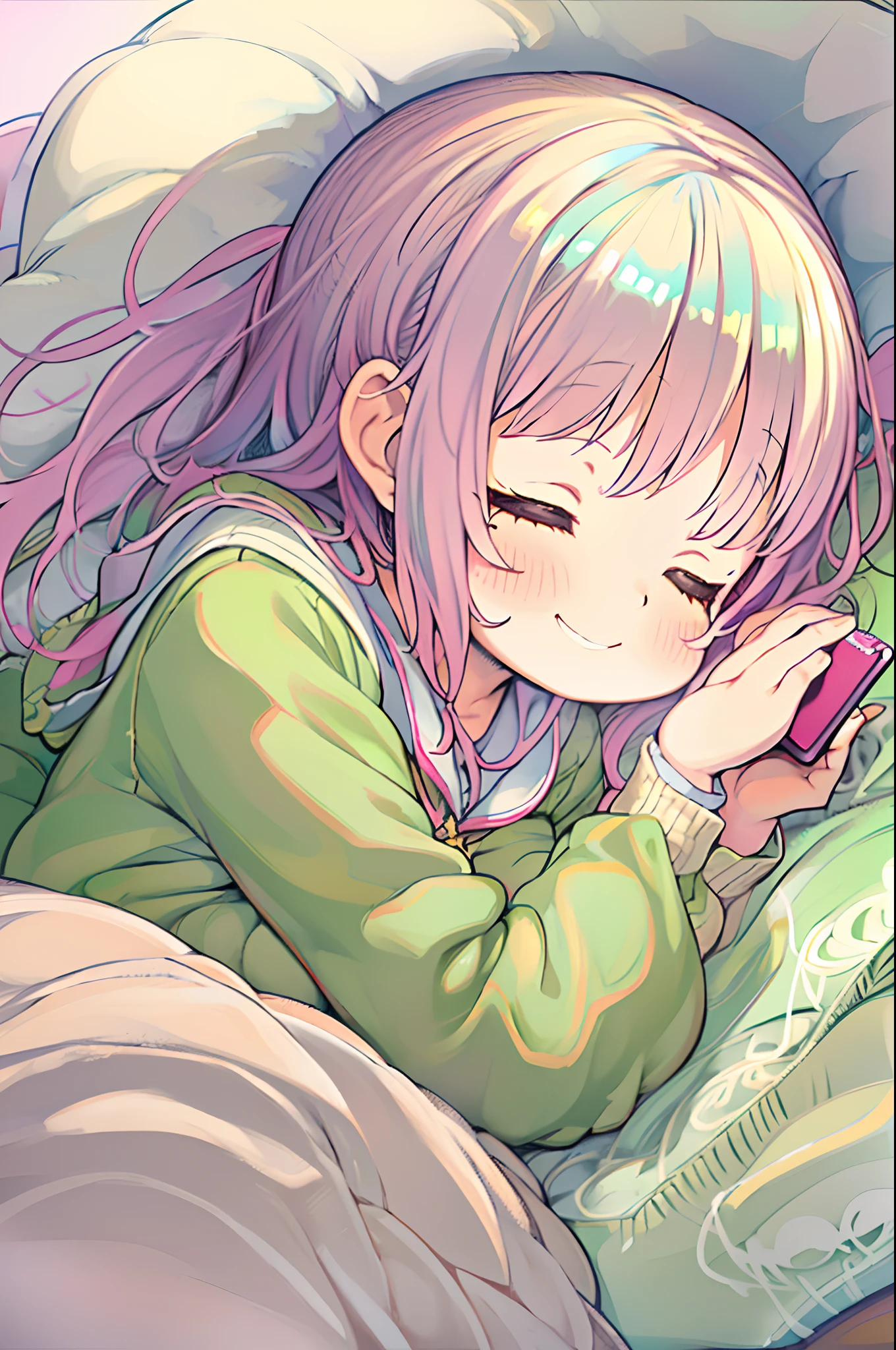 Anime girl sleeping in bed with pillow and mobile phone, cute kawaii girl, Cute anime girl, Cute Anime, resting on a pillow, (Anime Girl), anime lover, Anime visuals of cute girls, pixiv, little shy smile, anime moe art style, sleepy expression, Happy cozy feeling, small curvy li, soft anime illustration