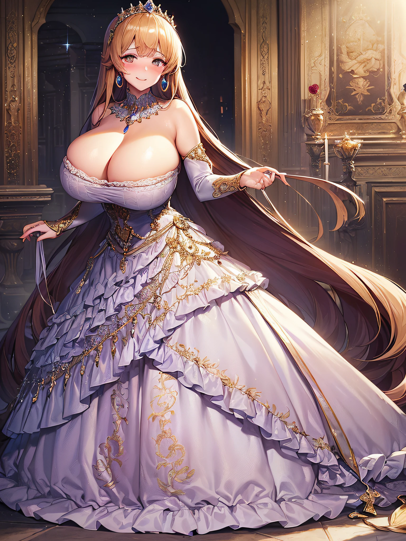 ((Anime Art Style)),(masutepiece),(Best Quality), (Super Detail),(Highly detailed CG Unity 8k wallpaper),((Very delicate and beautiful)),((Full body portrait)),((Stand in the garden)),((Solo)),(((One princess in gorgeous embroidery and jeweled very gorgeous Rococo princess ball gown with voluminous full-length hoop skirt ))),(((Crinoline Hoop Skirt))),Long Train,((Gorgeous embroidery and jewelry)),voluminous ruffles,(((very very gigantic boobs,Skindentation))),cleavage,((Very long straight hair,Very voluminous straight long hair,Very long straight hair)),(finely detailed face and eyes),((Seductive smile,embarrassed)),Beautiful eyes like jewels,Very gorgeous hair ornament,(A very gorgeous tiara adorned with bling-bling jewels),((Glitter Gorgeous Gemstone Jewelry)),Gorgeous Long Veil,(opera gloves),(Beautiful background),(Full body),((gorgeous embroidery and jeweled gorgeous Rococo princess ball gown with voluminous full-length hoop skirt))