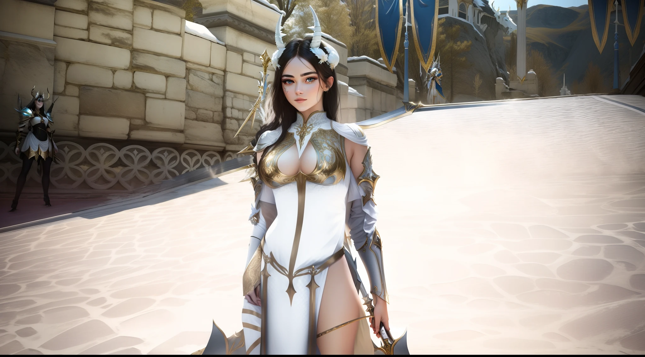 beautyfull girl in a white and gold dress , with white horns , and two swords