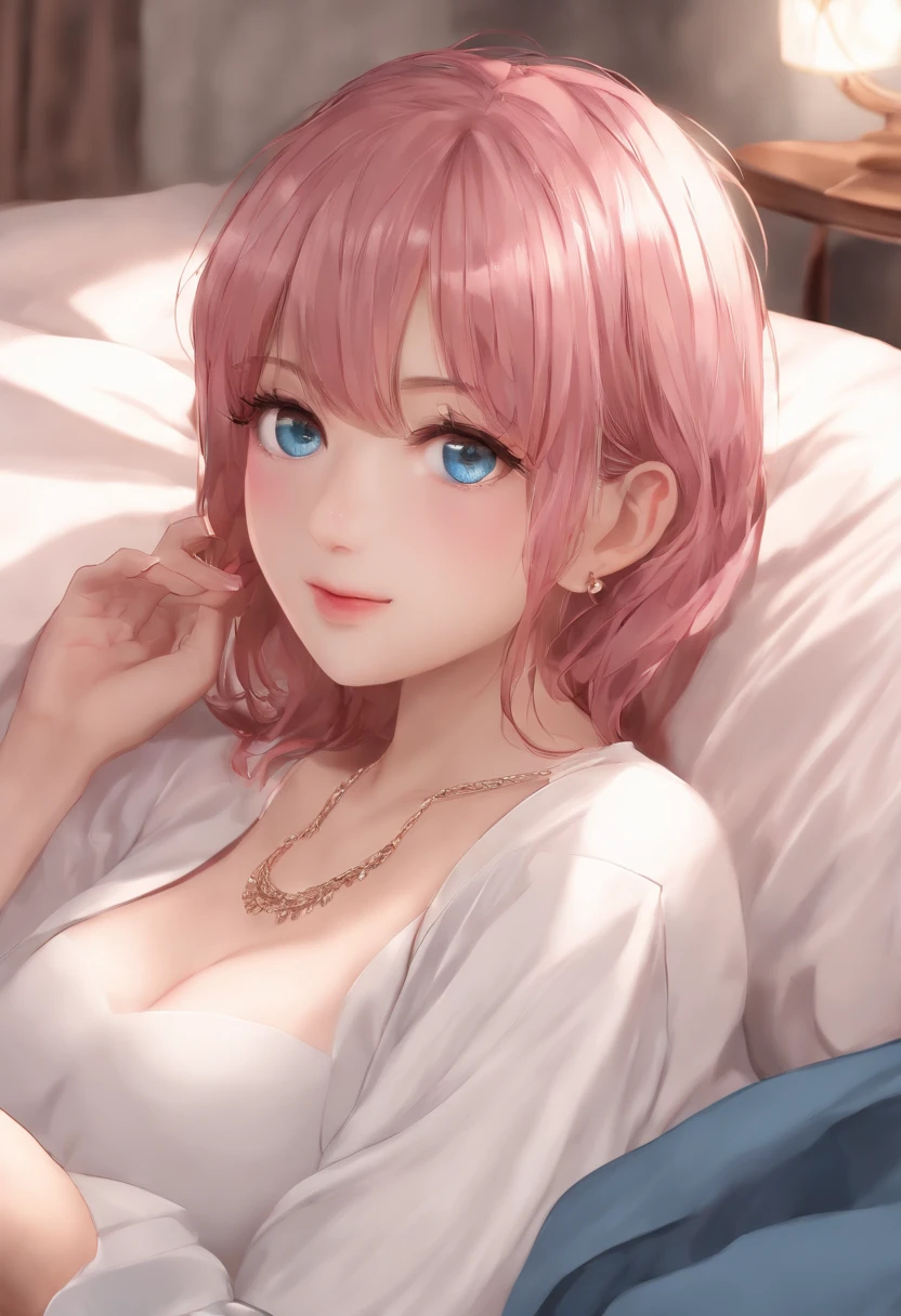 ichikanakano, ichika nakano, Short hair, Bangs, Blue eyes, hair between eye, Pink hair, earrings,
BREAK lingerie, Nipples are fully visible, 
Break indoors, bed, Bedroom,
BREAK looking at viewer, BREAK (masutepiece:1.2), Best Quality, High resolution, Unity 8k壁纸, (Illustration:0.8), (Beautiful detailed eyes:1.6), extra detailed face, Perfect Lighting, extremely details CG, (Perfect hands, Perfect Anatomy),