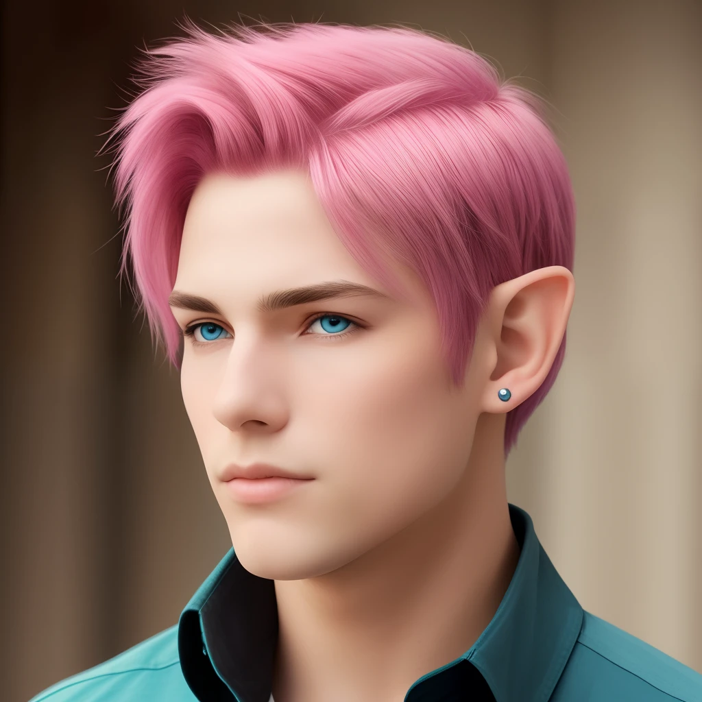 a young man with pink hair, blue eyes, and elf ears