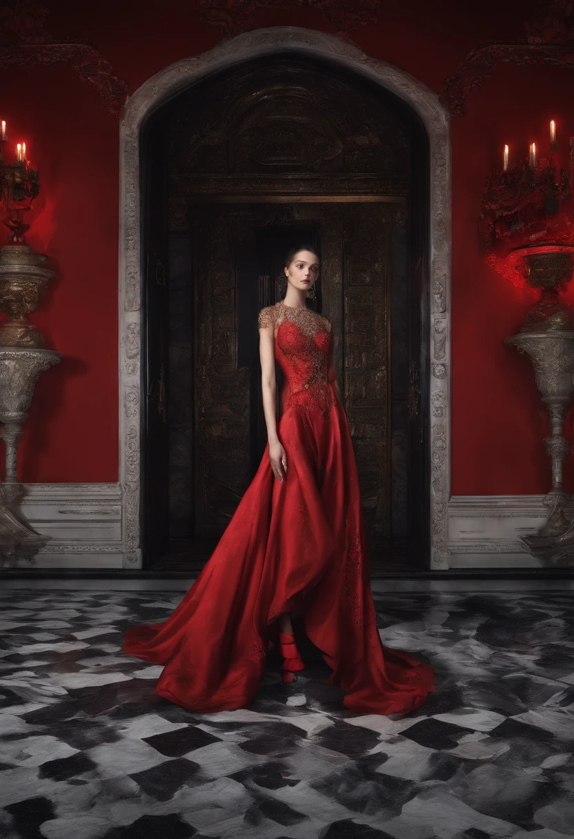 Arad woman in black and red dress,Stand in front of black volcanic stones, (Clear and perfect facial features),(Perfect hands and feet),opulent,Luxury,(The skirt blends perfectly with the firelight:1.3), (The hem of the skirt blends perfectly with the firelight),Inspired by Anne Leibovitz, Red and black color, (with fires and black smoke), body with black and red lava, author:annie lebovetz, alexander mcqueen haute couture