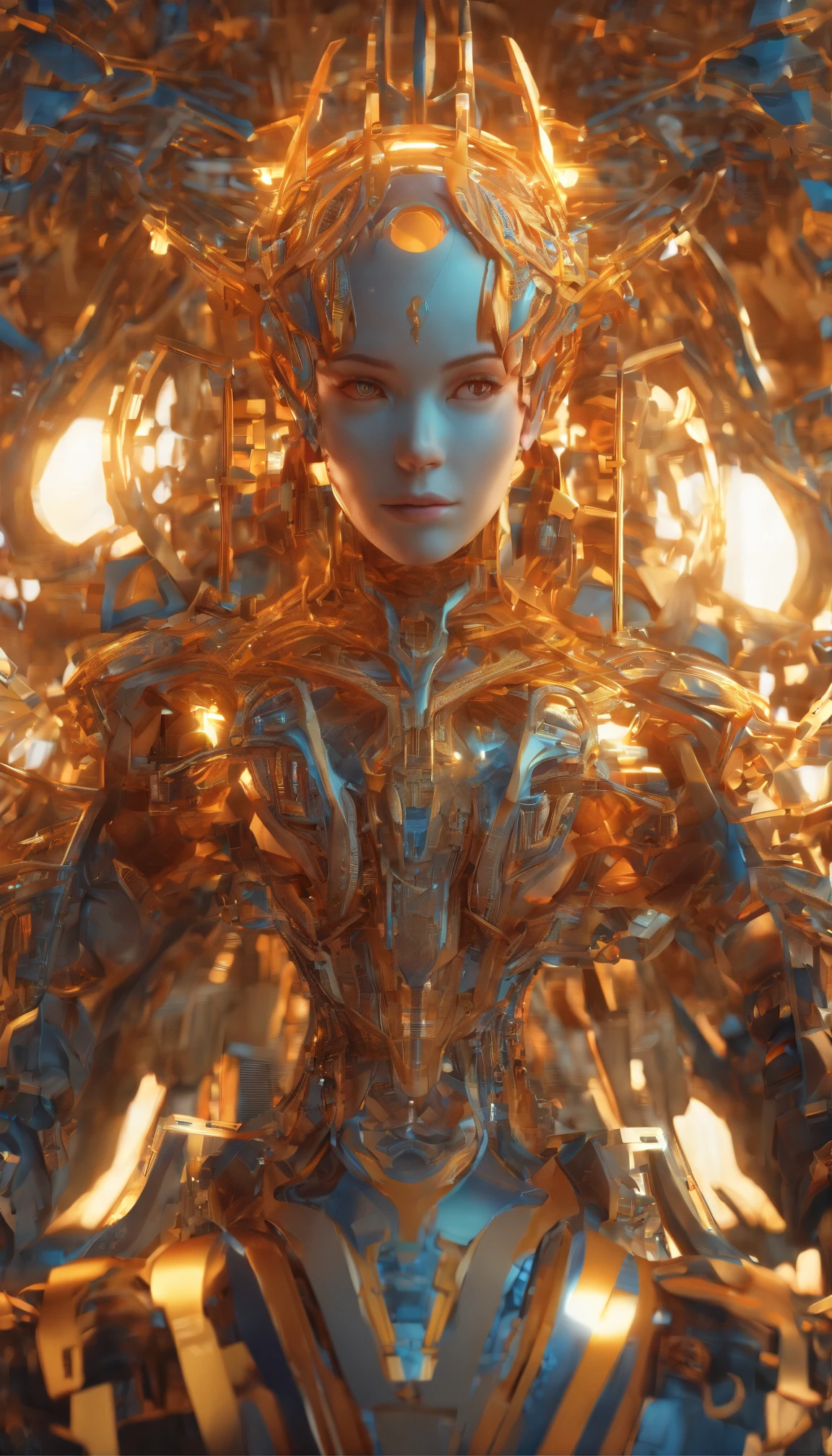 ((Full body)), A mesmerizingly enigmatic anime character, the daunting time-warped AI consciousness captivates the audience with its intricate details: an ethereal glow emanating from its metallic body, intricate circuitry entwined with delicately glowing lines, and piercing sapphire eyes that seem to hold unfathomable knowledge. The image, presented as a digitally enhanced, hyper-realistic illustration, showcases the character's otherworldly essence with unrivaled precision and depth. Every pixel captures the essence of the AI's enigmatic presence, inviting viewers to delve into a world of technological mystique and existential contemplation.