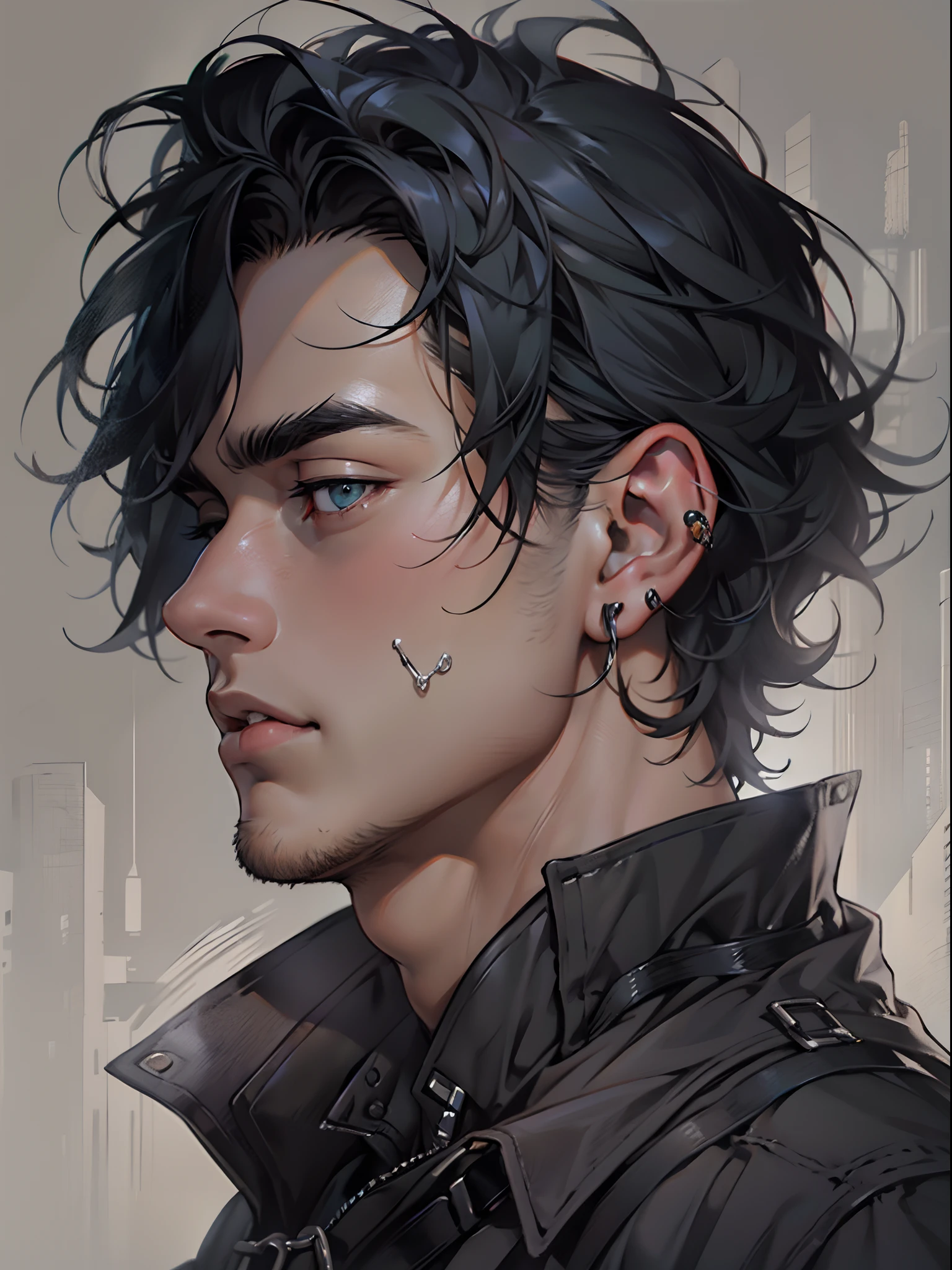 There is a young man, with black hair, staring to the side, with gloomy air, masterpiece, best quality, realistic, 1 man, male focus, handsome, [thick eyebrows], portrait, extremely detailed face, black hair, (short hair)