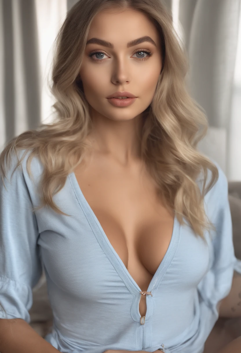 A woman in a matching T-shirt and panties, Sexy girl with blue eyes, portrait sophie mudd, Portrait of de Corinnne Kopf, blonde hair and large eyes, selfie of a young woman, Макияж Without, natural makeup, Look directly into the camera, face with artgram, dezentes Make-up, Excellent full-length photography, in a room, big breastes, blonde, Latina, realistic