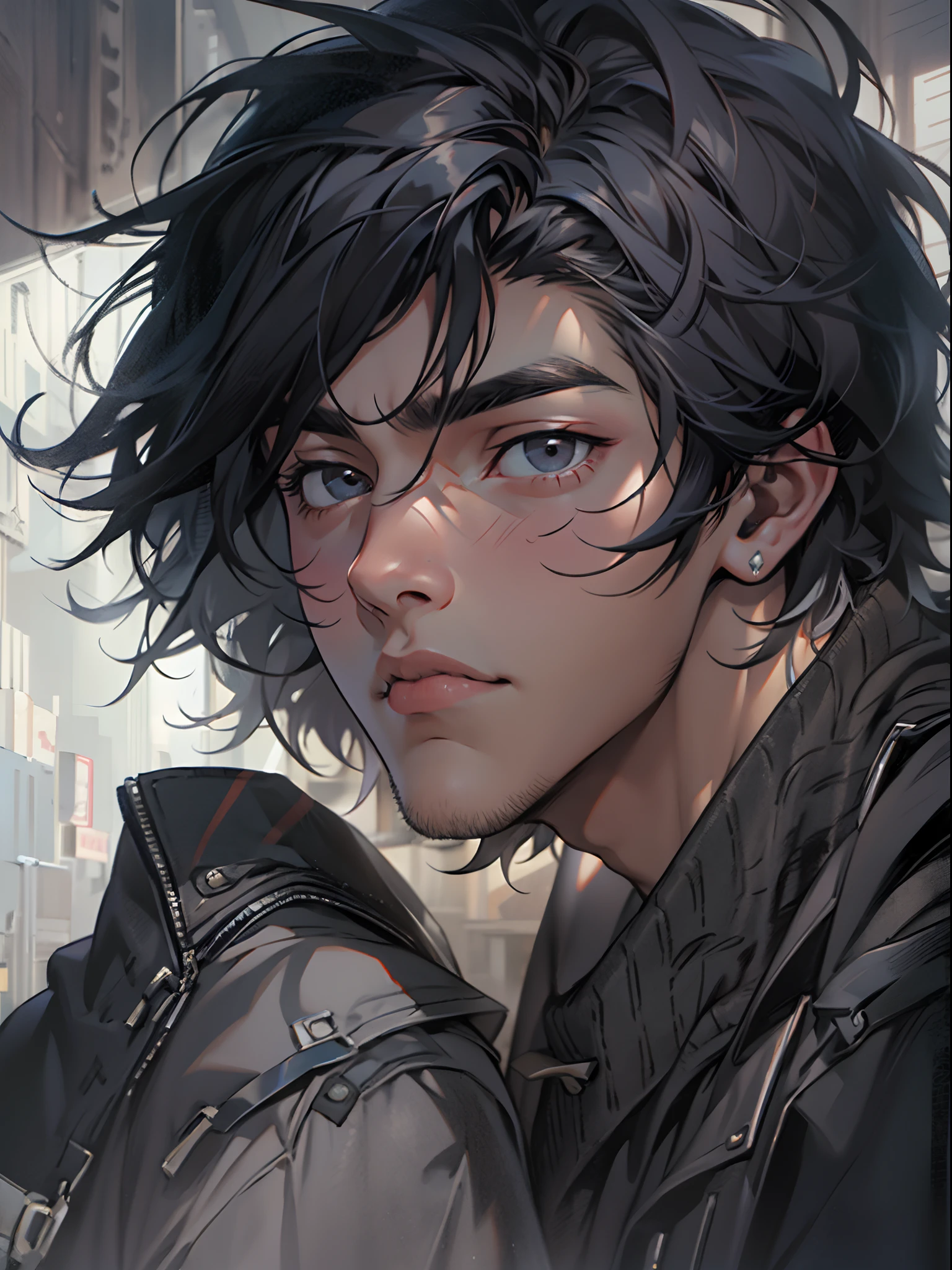 There is a young man, with black hair, staring to the side, with gloomy air, masterpiece, best quality, realistic, 1 man, male focus, handsome, [thick eyebrows], portrait, extremely detailed face, black hair, (short hair)