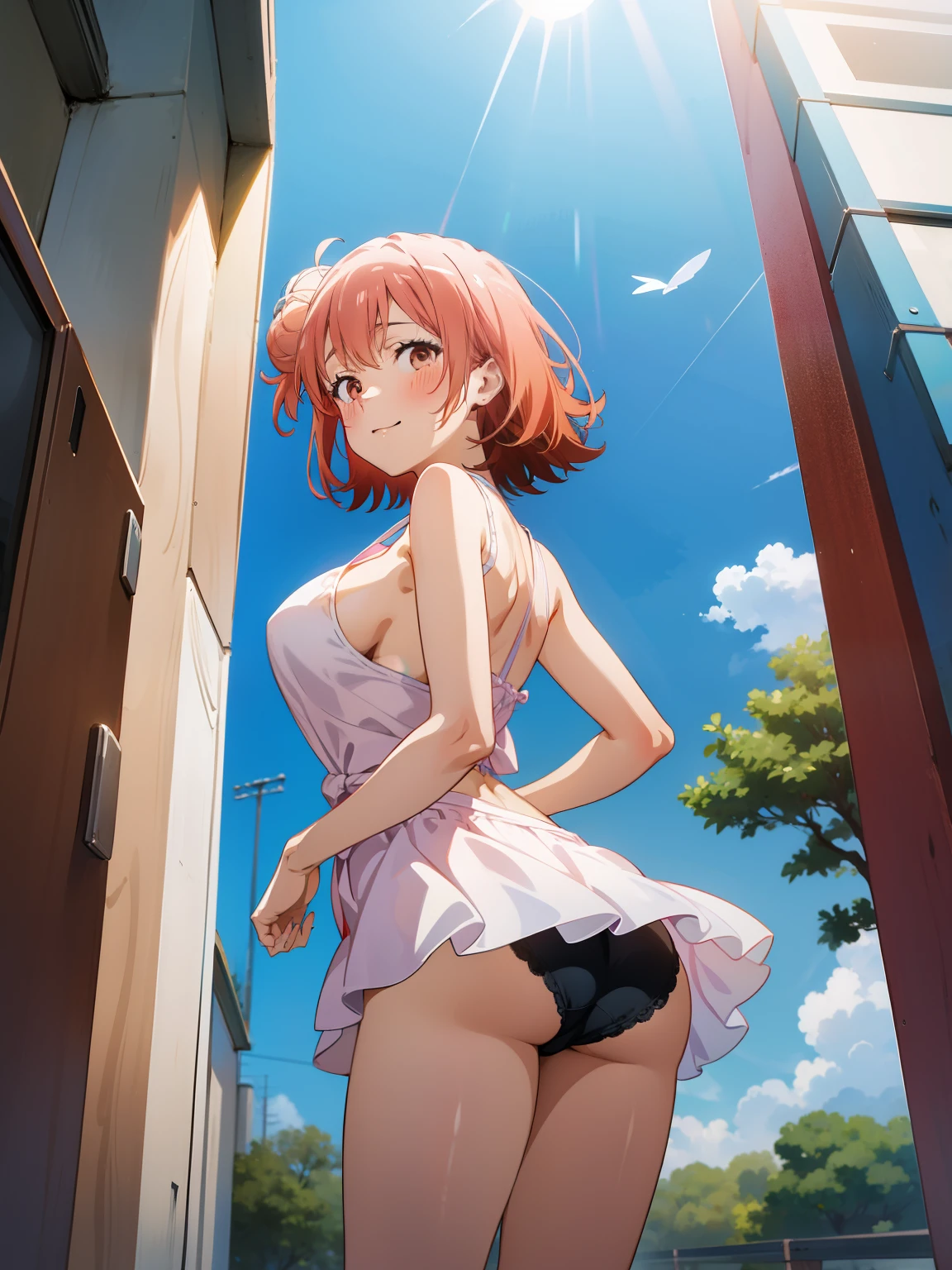 1girl, Anime girl, anime moe art style, Anime visuals of cute girls, Anime Best Girl, fanart, pretty anime girl, Smooth Anime CG Art, Seductive Anime Girl, charming anime girls, Cute anime girl, Shining eyes, big boobs, ((looking at viewer)), yui yuigahama, short hair, side bun, happy, japan streets, panties, from below, ((ass)), happy