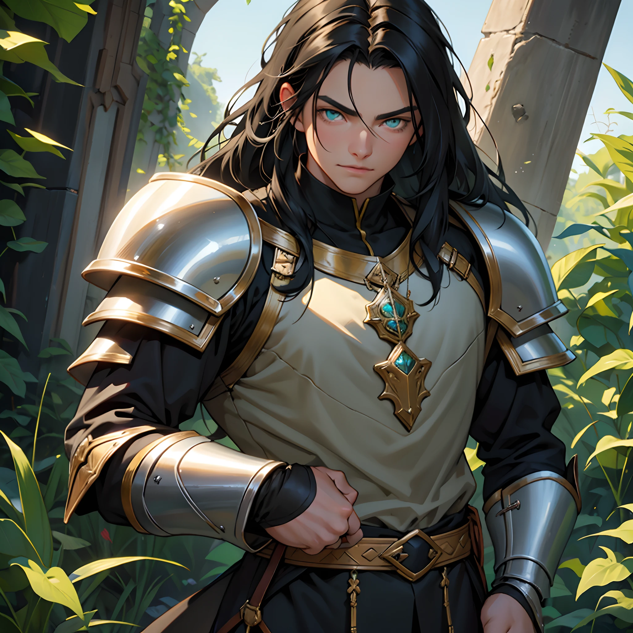 black hair, masculine man, long hair, straight hair, bright green eyes, eye reflection, medieval armor, teenager, , Pálacio Ambience, beautiful appearance, anatomically correct, masterpiece, super detail, high quality, best quality