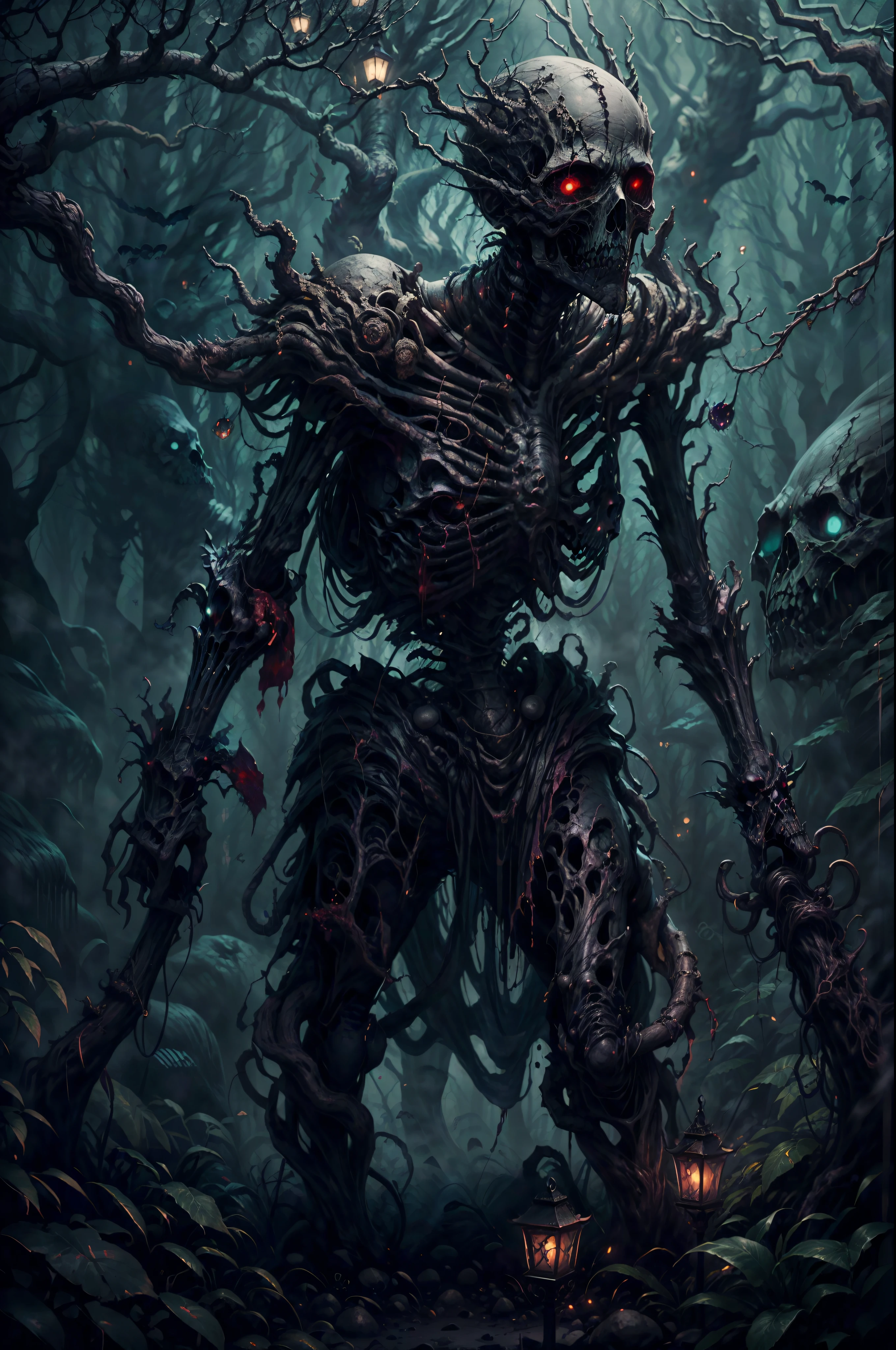 (best quality,4k,8k,highres,masterpiece:1.2),ultra-detailed,(realistic,photorealistic,photo-realistic:1.37),dark skeleton samurai,detailed eyes,detailed lips,extremely detailed face,long eyelashes,dirty rusty armor,Japanese dark misty forest,mysterious atmosphere,HP Lovecraft inspired style,ominous lighting,creepy shadows,hauntingly beautiful,spooky ambiance,dense fog,ancient trees,twisted branches,eerie silence,crimson shades,ghastly presence,wisps of mist,dreadful aura,forbidding surroundings,mysteries of the unknown,otherworldly vibes,whispering shadows,ethereal atmosphere,sinister energies,macabre setting,enchanted darkness,horror-fantasy fusion,hauntingly poetic,nonlinear narrative,nightmarish dreamscape,horror-themed masterpiece,gloomy color palette