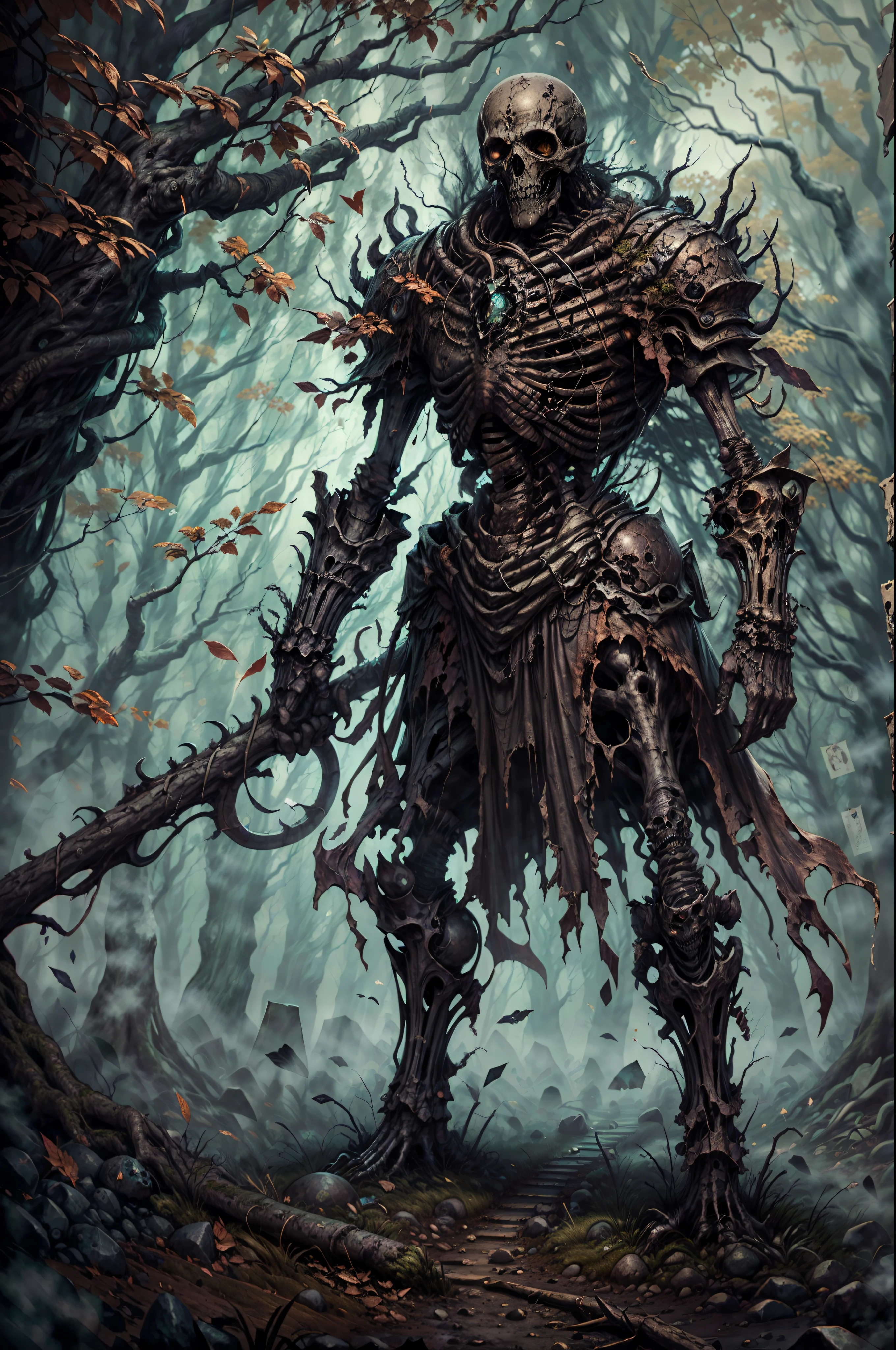 (a rusted skeleton soldier, dark souls forest, misty atmosphere, HP Lovecraft style), (best quality, 4k, high-res, masterpiece:1.2), ultra-detailed, realistic:1.37, HDR, studio lighting, intense suspense, eerie ambiance, ancient ruins, haunting shadows, decrepit vegetation, twisted trees, gnarled branches, ethereal mist, ominous silence, otherworldly fog, ancient relics, moss-covered gravestones, decayed armor, tattered banners, weathered weapons, worn-out shield, cracked skull, hollow eye sockets, skeletal hands, bone fragments, eerie glow, eldritch symbols, maddening whispers, fear-inducing presence, eldritch horror emerging from the shadows, spine-chilling experience.