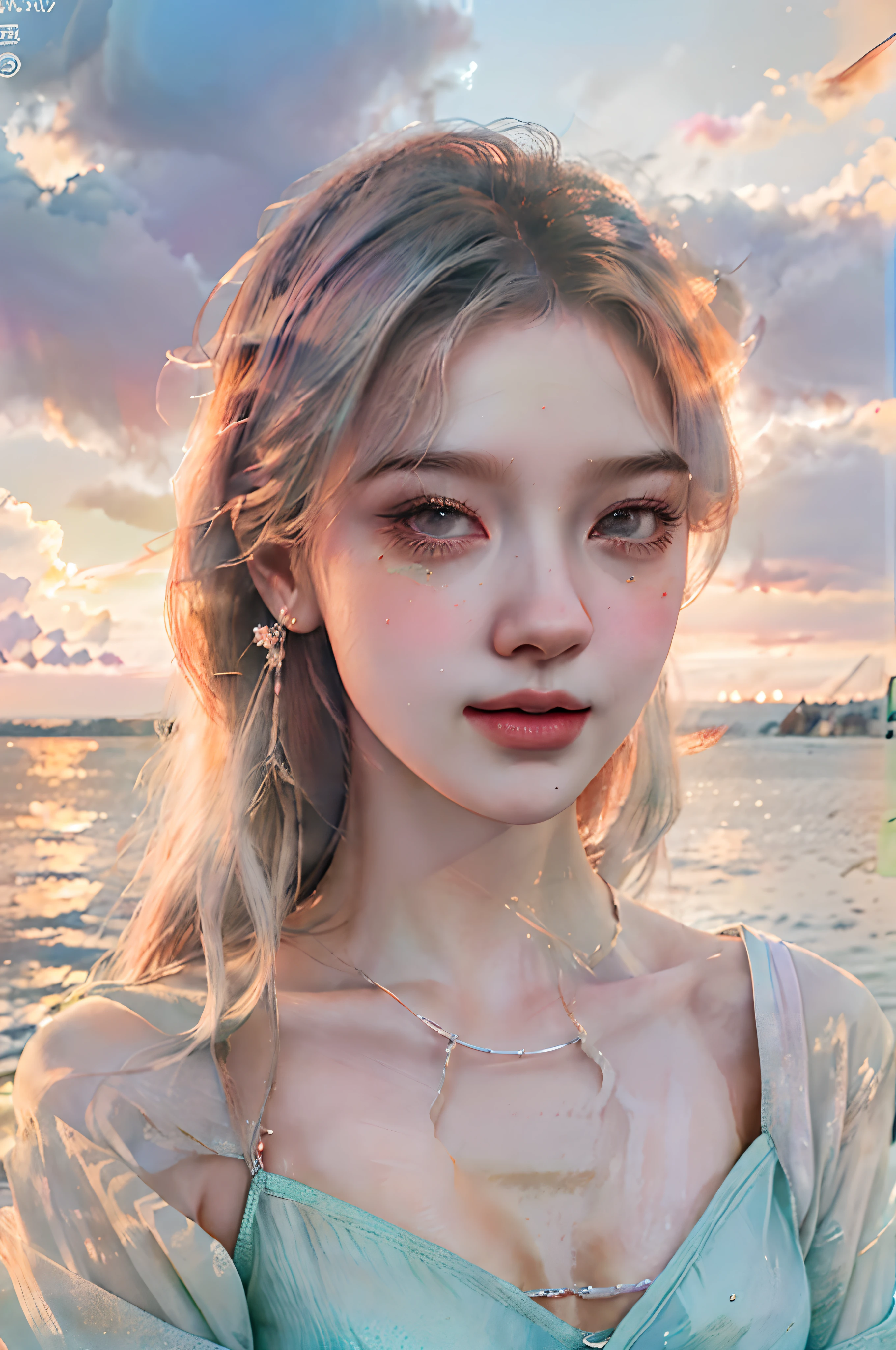 highly detailed, 8K Ultra HD, high quality, A breathtaking watercolor landscape of a model gazing at the sunset, with a small smile on her face, She's wearing a long-sleeved pale blue dress, and her long hair is styled in a loose, natural way, The anime art style gives her an innocent and charming appearance, and her perfect anatomy is evident even in this peaceful pose. The wet-to-wet background technique used by Misulbu creates a beautiful and detailed painting with muted colors, which blends seamlessly with the sunset sky, This stunning 8k resolution concept art portrait was created by the talented artists Greg Rutkowski, Artgerm, WLOP, and Alphonse Beeple, The watercolor style used gives the image a dreamlike quality, as if it's a moment frozen in time, by yukisakura, awesome full color, anime character