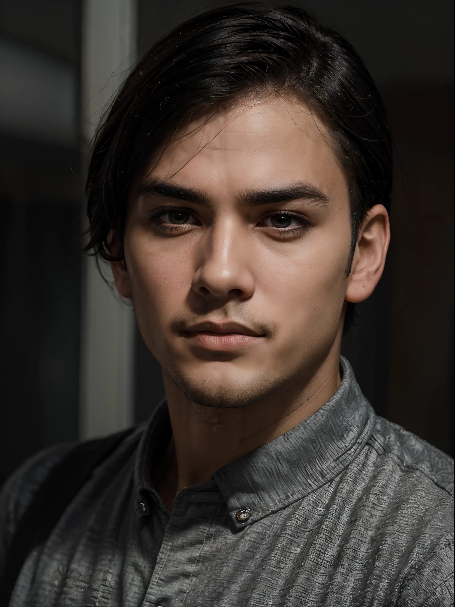 There is a young man, with black hair, staring to the side, with gloomy air, masterpiece, best quality, realistic, 1 man, male focus, handsome, [thick eyebrows], portrait, extremely detailed face, black hair, (short hair)