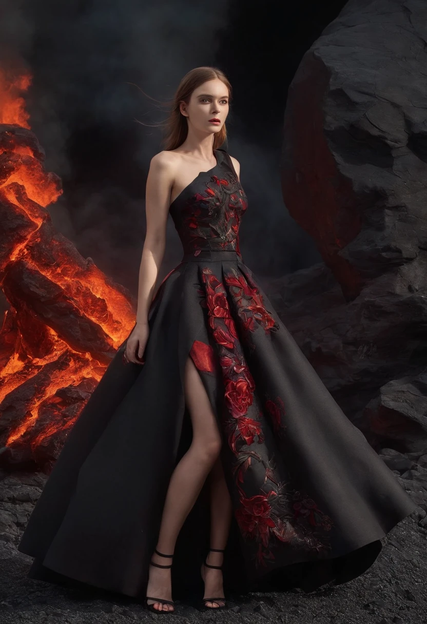 Arad woman in black and red dress,Stand in front of black volcanic stones, (Super exaggerated skirt:1.37),(A lot of blood-red flowers on the skirt:1.2),opulent,dream magical,(Clear and perfect facial features),(Perfect hands and feet),(The skirt blends perfectly with the firelight:1.3), (The hem of the skirt blends perfectly with the firelight),Inspired by Anne Leibovitz, Red and black color, (with fires and black smoke), body with black and red lava, author:annie lebovetz, alexander mcqueen haute couture