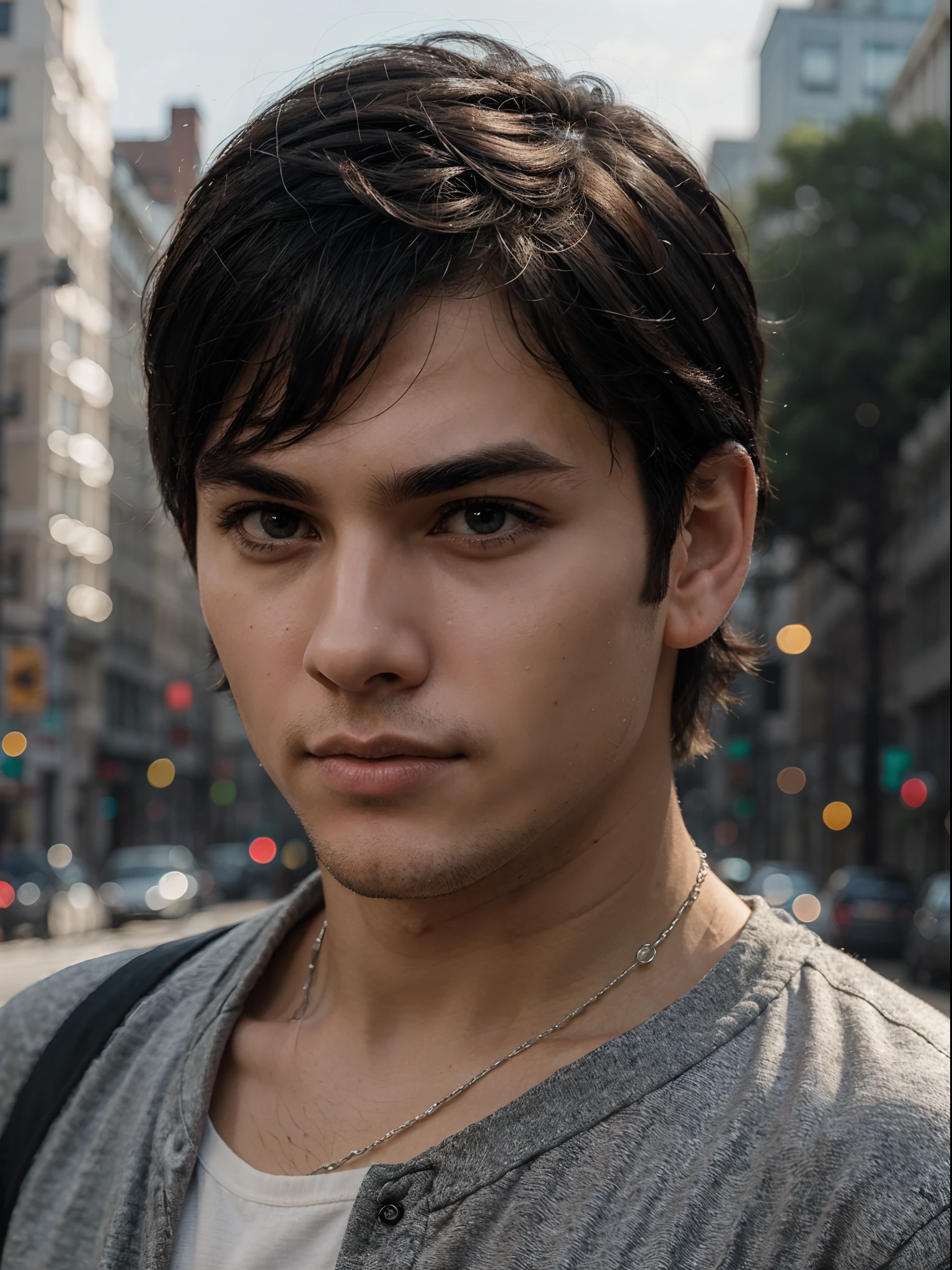 There is a young man, with black hair, staring to the side, with gloomy air, masterpiece, best quality, realistic, 1 man, male focus, handsome, [thick eyebrows], portrait, extremely detailed face, black hair, (short hair)