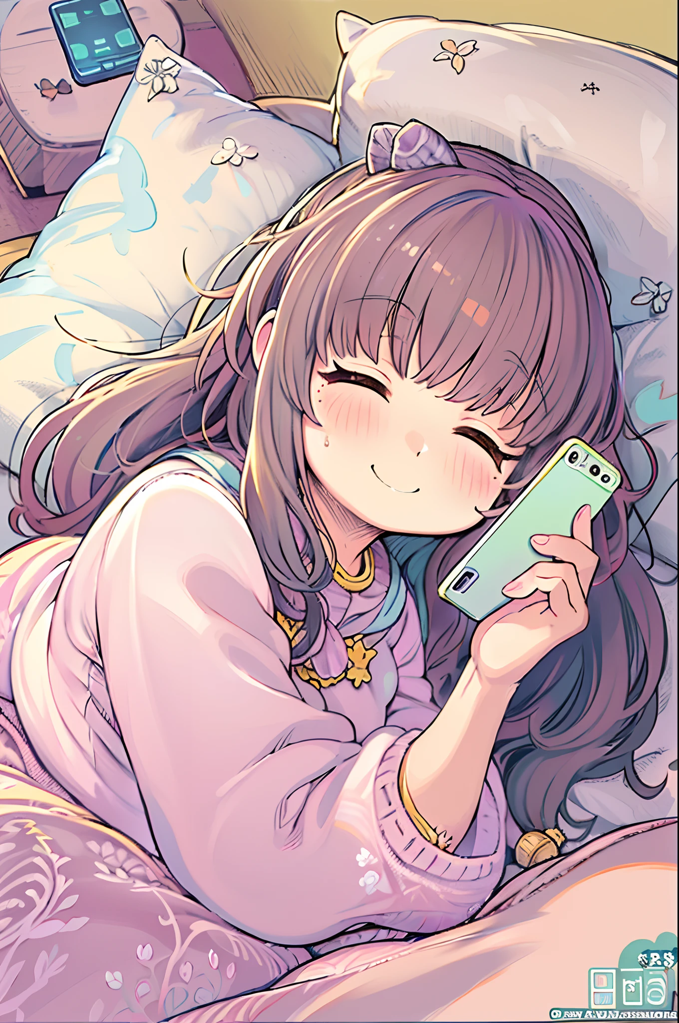 Anime girl sleeping in bed with pillow and mobile phone, cute kawaii girl, Cute anime girl, Cute Anime, resting on a pillow, (Anime Girl), anime lover, Anime visuals of cute girls, pixiv, little shy smile, anime moe art style, sleepy expression, Happy cozy feeling, small curvy loli, soft anime illustration