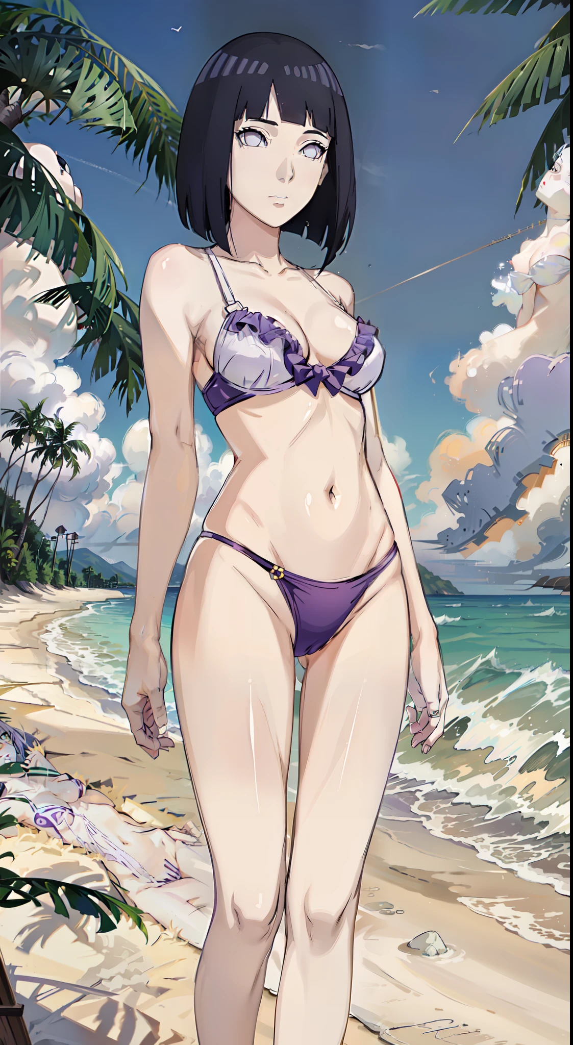 white eyes, dark purple hair, cleavage, slim_legs, narrow_waist, beach, small_breasts, areola, navel, annoying, slender_legs, slender body,