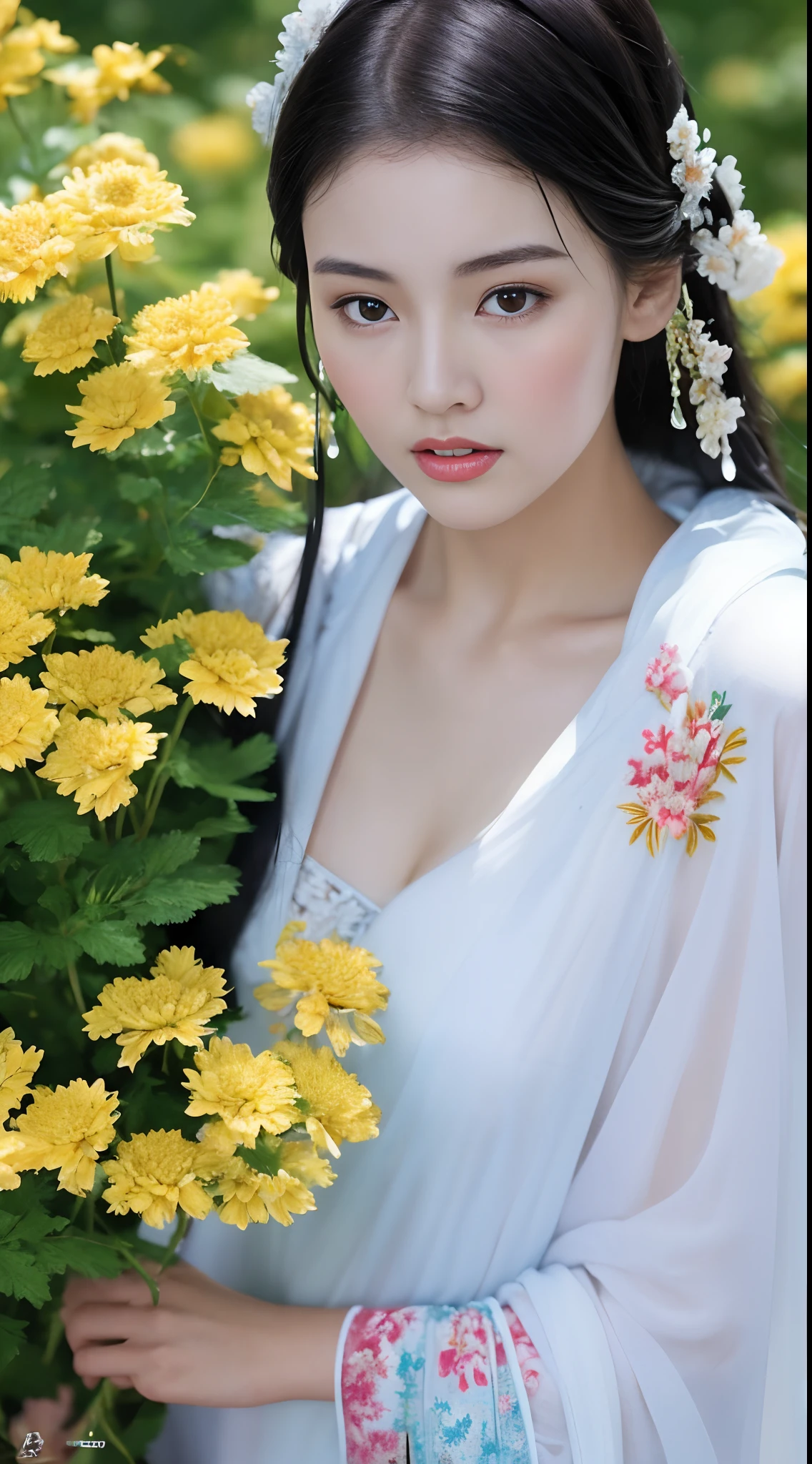Fashion model 18 years old [[[[closeup cleavage]]]], [[[[boobgasm]]]], [[[[coll]]]], [[[[bshoulders]]]], perfect  eyes, Perfect iris，Perfect lips，perfect teeth，Perfect skin，with fair skin，hdr，Movie girl，White ancient Chinese clothing，A delicate face，voluptuous figure，Long legs，exteriors，((Behind him are patches of yellow chrysanthemums)),4K Ultra HD, 超高分辨率, (Photorealistic: 1.4), Best quality，Masterpiece，Utra dilution，（pastel colour：1.2）