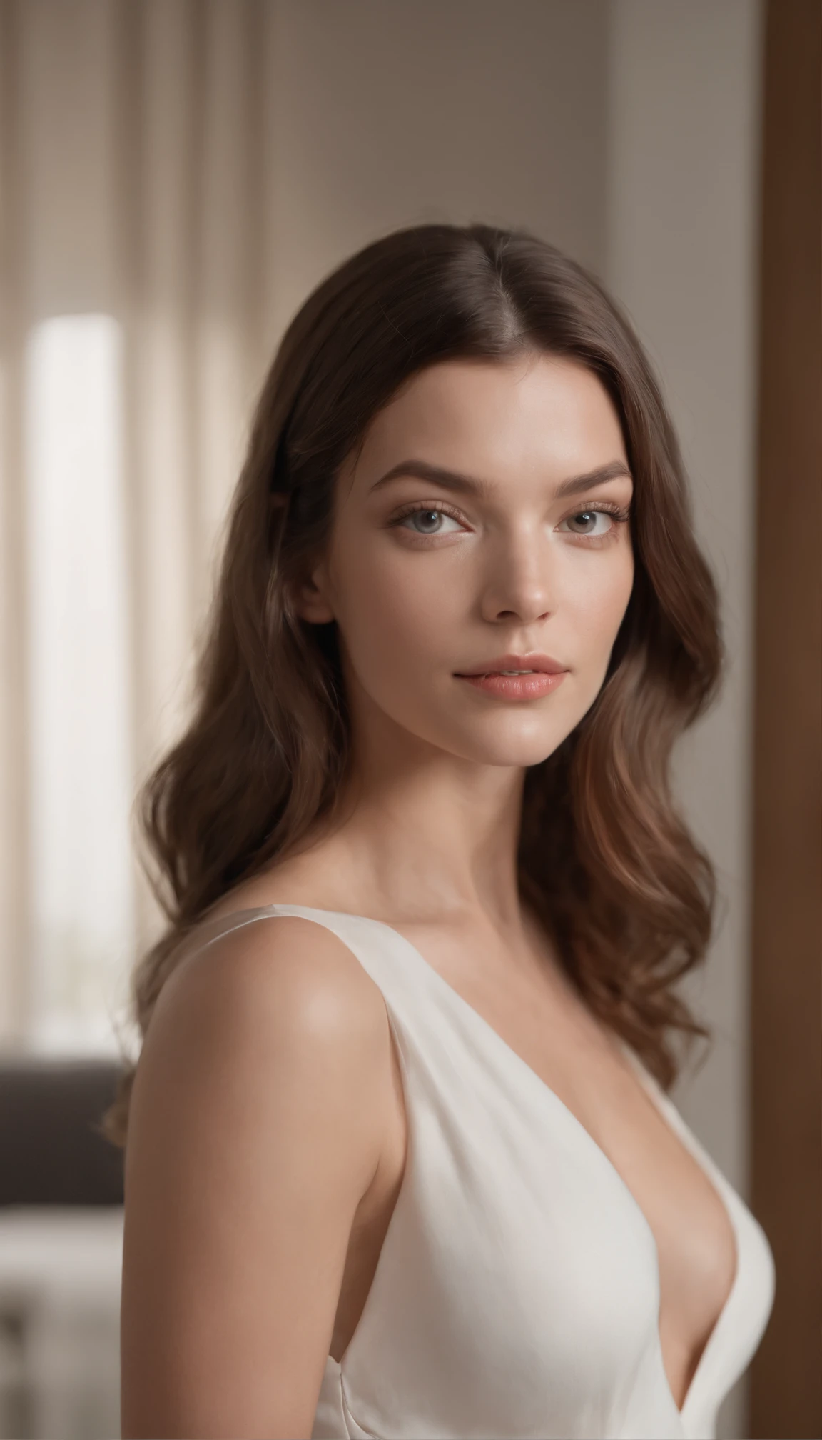 Produza um modelo ultrarrealista do Instagram de uma bela mulher nua, cabelos castanhos longos, olhos azuis, (Corpo Perfeito), pele macia, milla jovovich, ((medium breasts)), (laranja ), ( are clearly visible), (perfeito ), (Duro ), luz suave no fundo, Standing in a futuristic apartment, The image has a high resolution of 4K, com macio, Natural lighting that enhances the model's skin tones, The rendering style is focused on realism and detailed textures, and the end result is a captivating portrait of modern elegance.