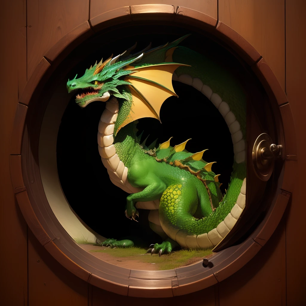 Sunspot a large yellow and green quadruped dragon stuck in a knothole