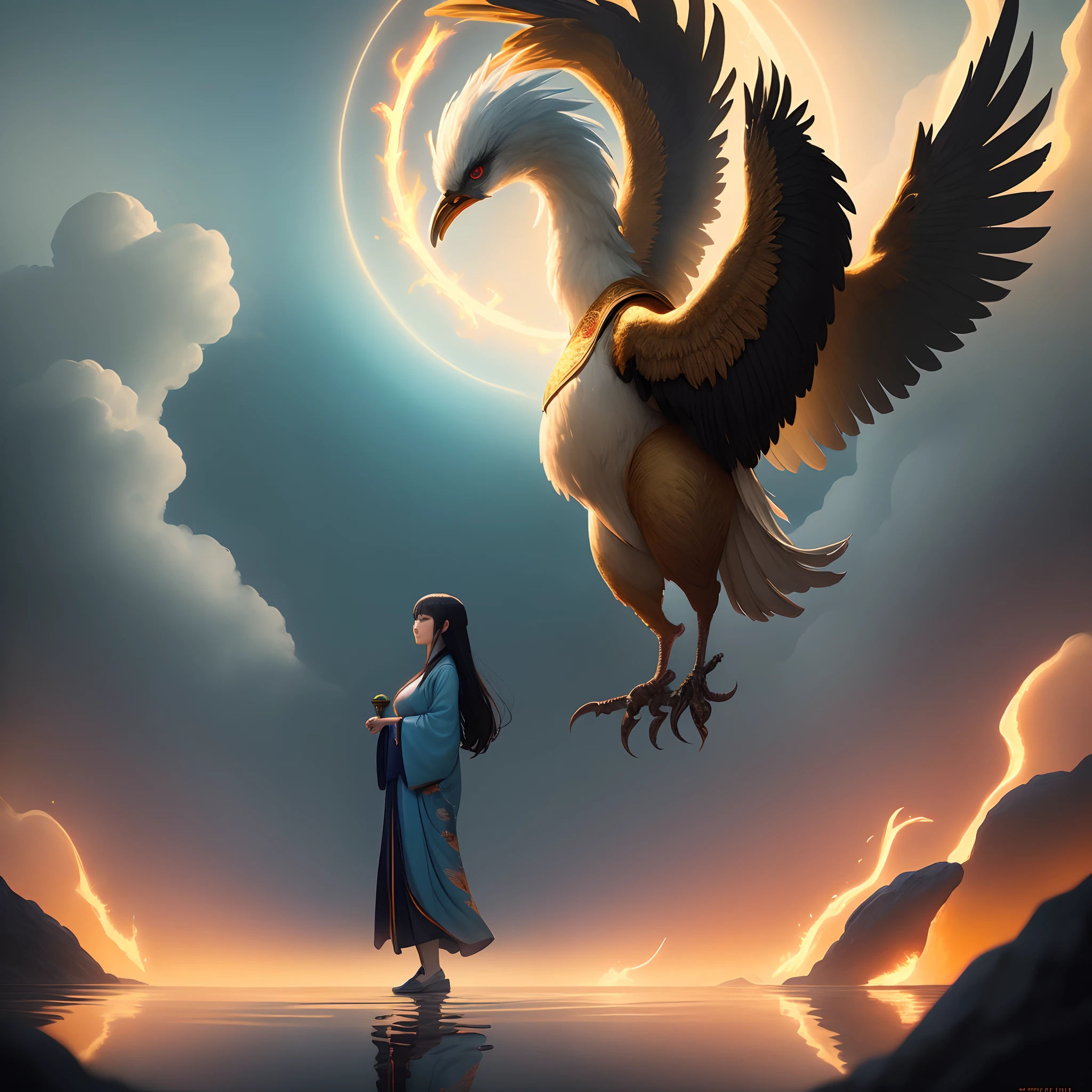 A beautiful Chinese girl standing on the water, misty reflection, a huge phoenix divine bird in the sky, magic, fantasy, dynamic posture, composed of colorful glowing flames, delicate face, delicate eyes, long black and golden hair, wearing amber and sky blue Hanfu, delicate and intricate patterns, ink painting, golden bronzing, epic composition, soft shadows, Clean sharp focus, cinematography, center composition, poster design, film photography, Panorama, 32K --v 6