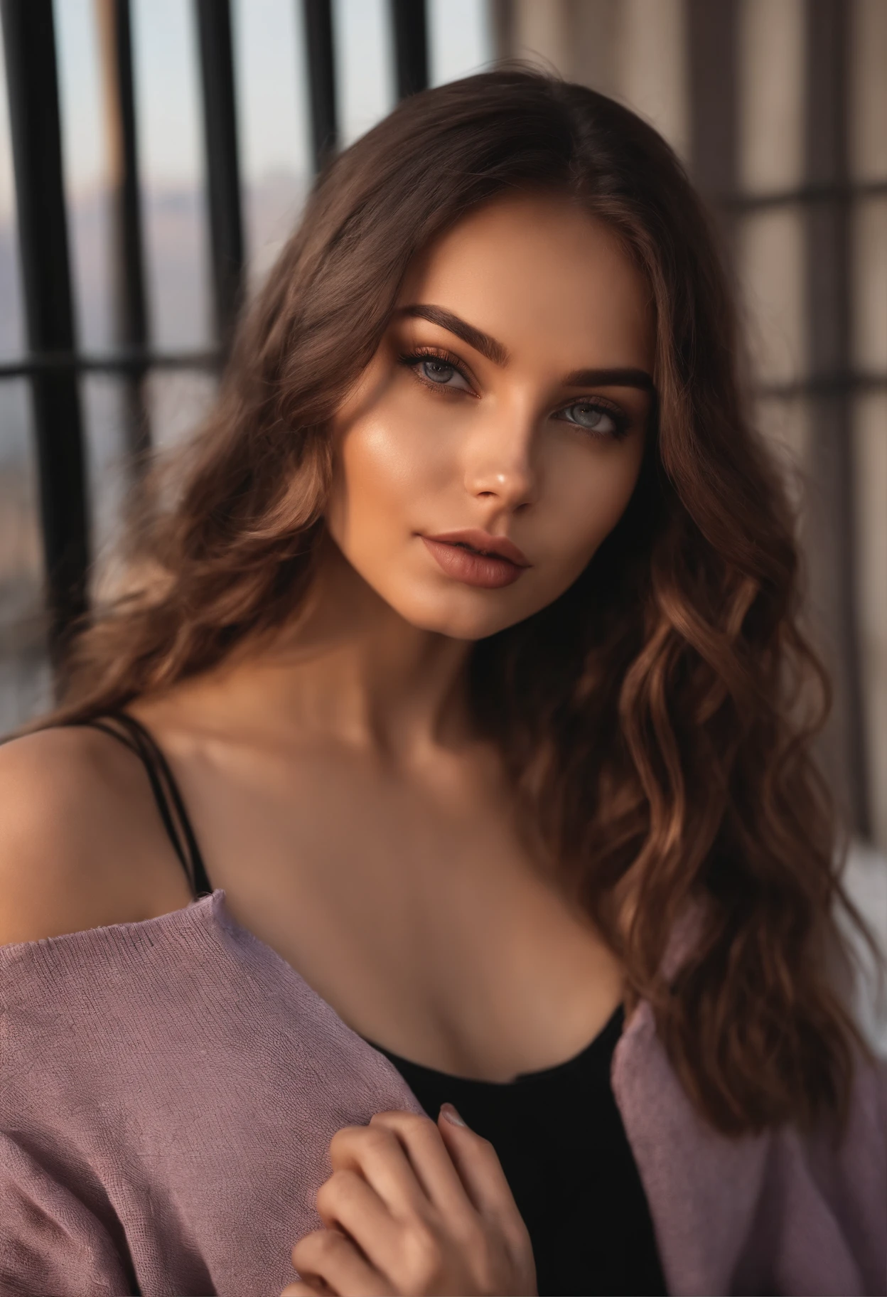 Arafed woman with black clothes, fille sexy aux yeux bruns, Portrait Sophie Mudd, cheveux bruns et grands yeux, selfie of a young woman, Yeux de chambre, Violet Myers, sans maquillage, maquillage naturel, looking straight at camera, Visage avec Artgram, Maquillage subtil, Superbe photo du corps entier, on a balcony with mountains behind her, clivage