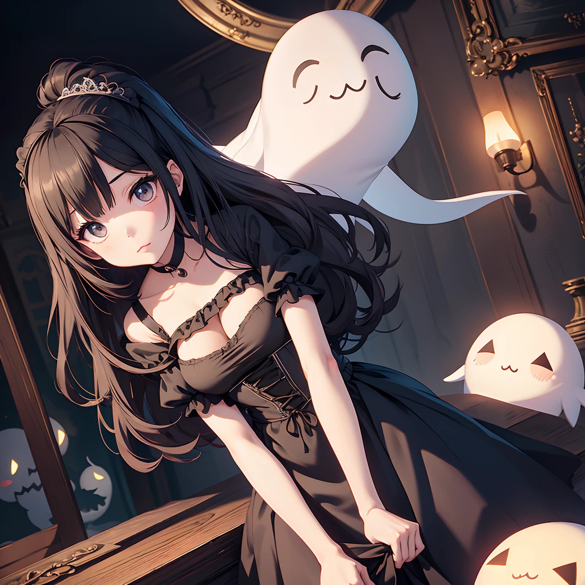 Professional animation quality、masterpiece、hightquality、Saturated coloring、2D、独奏、Kawaii Girl、with round face、Marume、Cute neck choker in black、Arm bandage、Realistic fabric style、maid clothes、Halloween Party、horor、ghost、Witch's Mansion、Old-fashioned staircase、Black chandelier、Dark imagery、Black Fantasy、