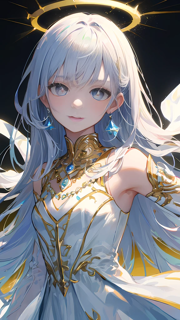 tmasterpiece,Need,illustration,Sax Blue,Platinum Earrings,Platinum Necklace,whiteskirt,1girl,adolable,(Dinamic Light:1.2),cinematric light,Delicate facial features,A detailed eye,Sharp pupils,Realistic golden pupils,depth of fields,Background bokeh,sharp fokus,(ultra - detailed,Halo,with light glowing:1.4),Many small gemstones