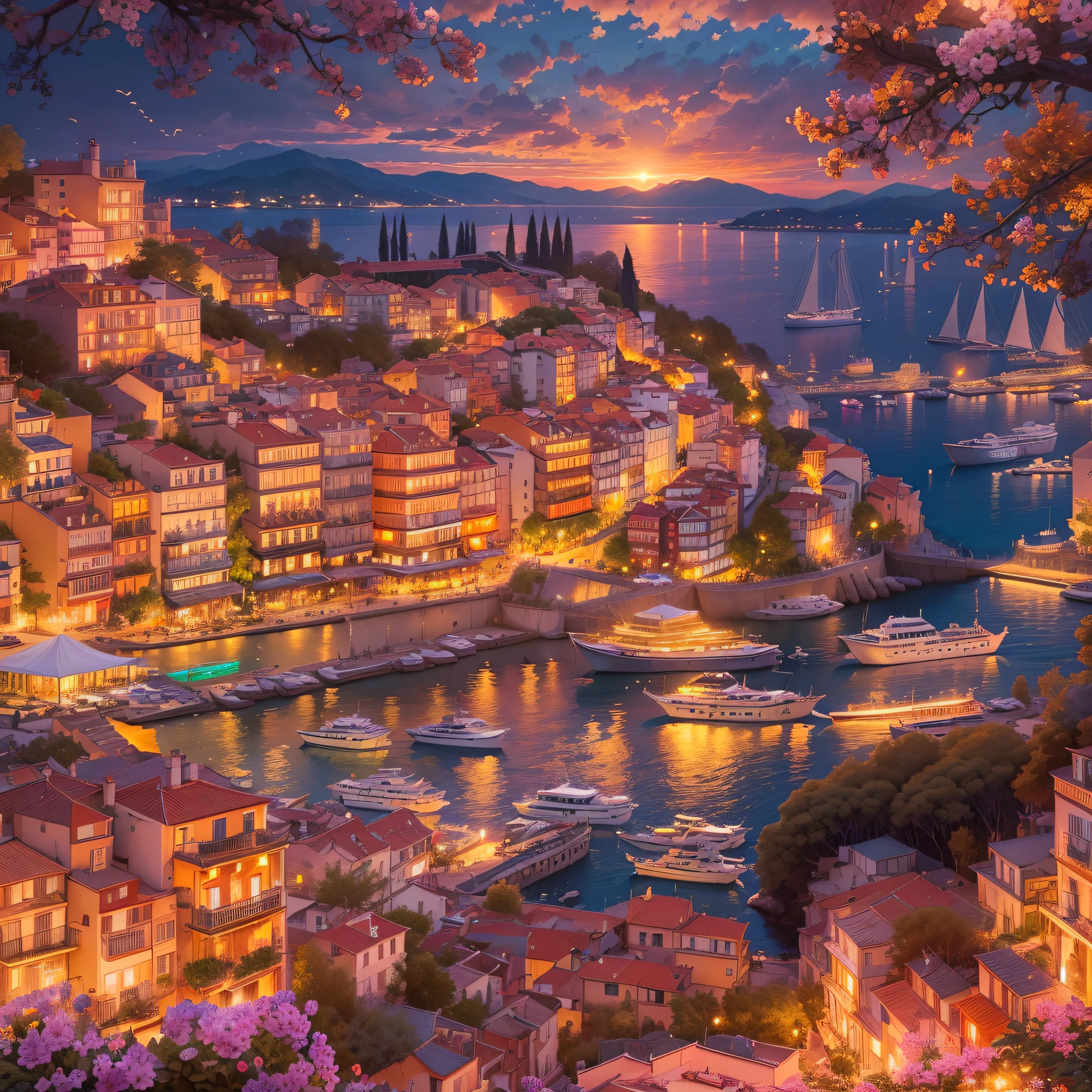 "Please create an image that presents a spectacular and unforgettable show in Porto Fino, Italy. This show takes place by the sea, during the mesmerizing sunset, which paints the sky with shades of orange, pink and gold. The scene is captured from a high angle that offers a stunning panoramic view, highlighting not only the spectacle itself, but also the picturesque landscape around it.
The spectacle is illuminated by a display of fireworks that dance across the sky, creating a play of vibrant colors and synchronized movements. The watching audience is immersed in awe, their silhouettes accentuated by the dazzling colors of the fireworks. In the bay in front, elegant yachts are moored, adding a layer of sophistication to the scene.
The stage where the show takes place is richly decorated, with luxurious details that match the setting. The audience tables are adorned with a predominant arrangement of red, pink and yellow roses, adding a touch of elegance and romanticism to the atmosphere.
The image must be created in the style of Chromolithography, characterized by bright, striking colors and great attention to detail, capturing the magic and energy of this moment. The aspect ratio must be 16:9, and the image must have a depth of field setting of 5.2.