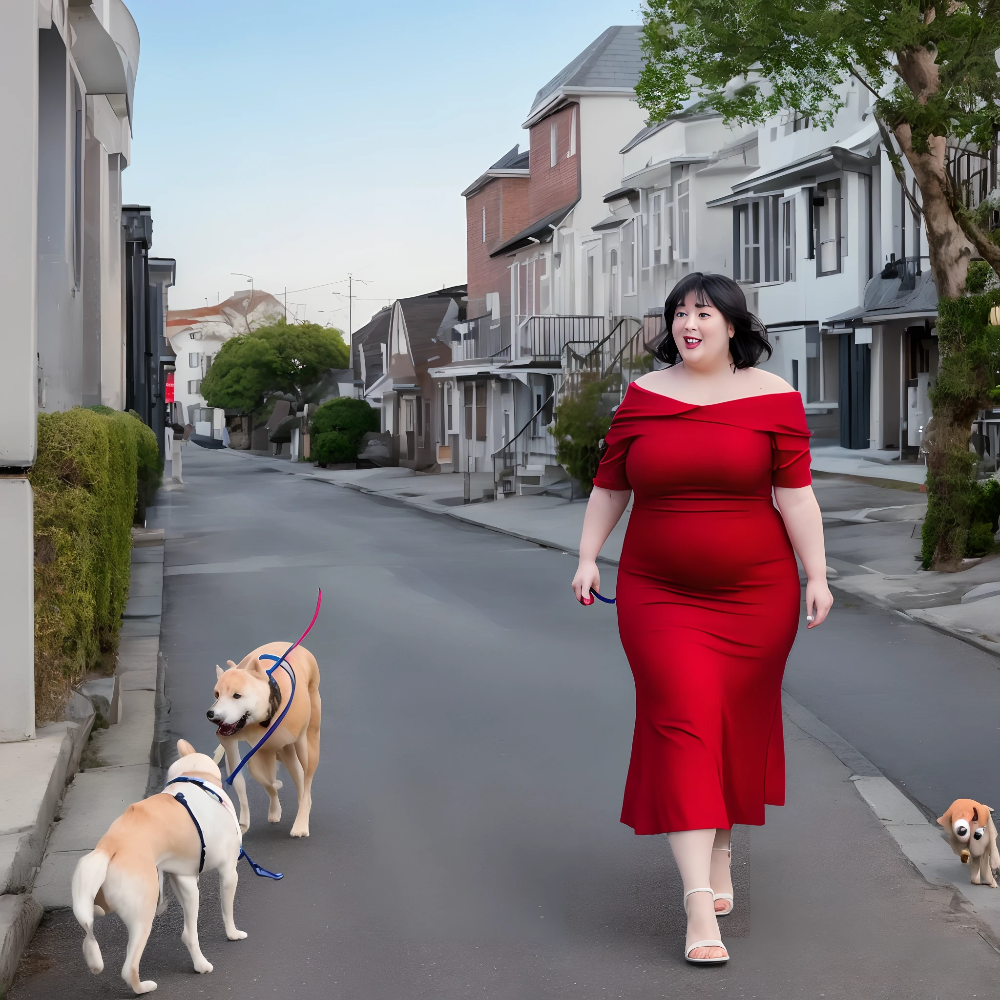 In the morning, the blue sky is white, and a rich fat woman in her 30s in a red dress walks her dog on a long street