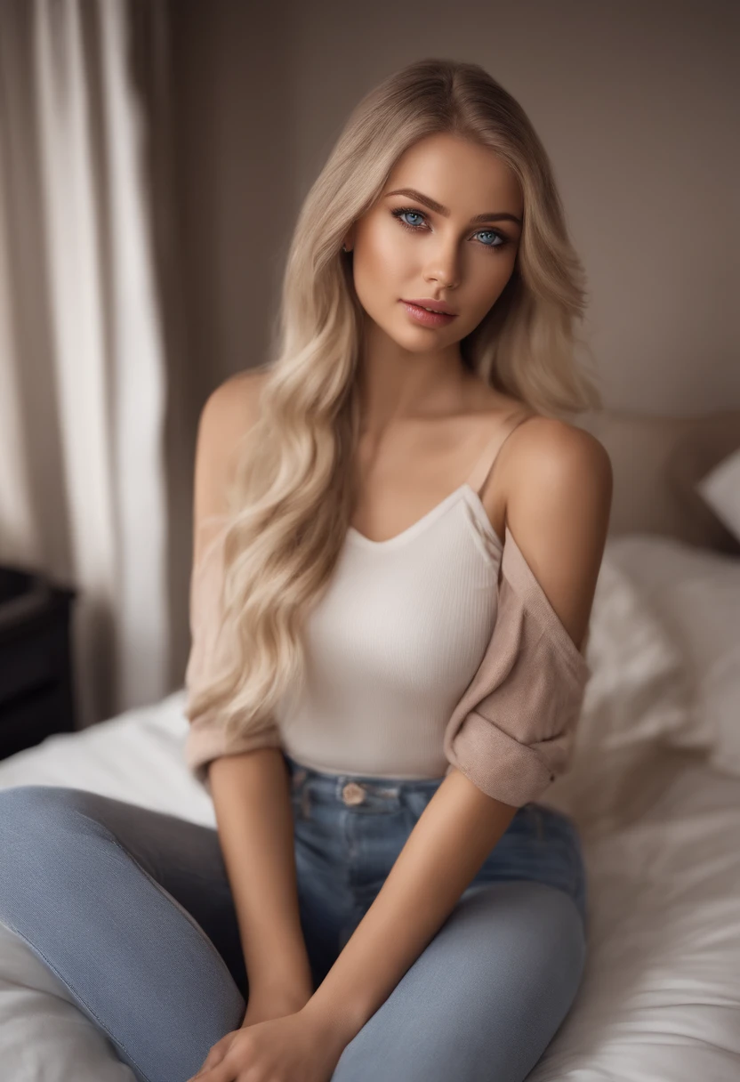arafed woman fully , sexy girl with blue eyes at the beach, ultra realistic, meticulously detailed, portrait sophie mudd, blonde hair and large eyes, selfie of a young woman, bedroom eyes, violet myers, without makeup, natural makeup, looking directly at the camera, face with artgram, subtle makeup, stunning full body shot kneeling on bed, in bedroom, large size bust